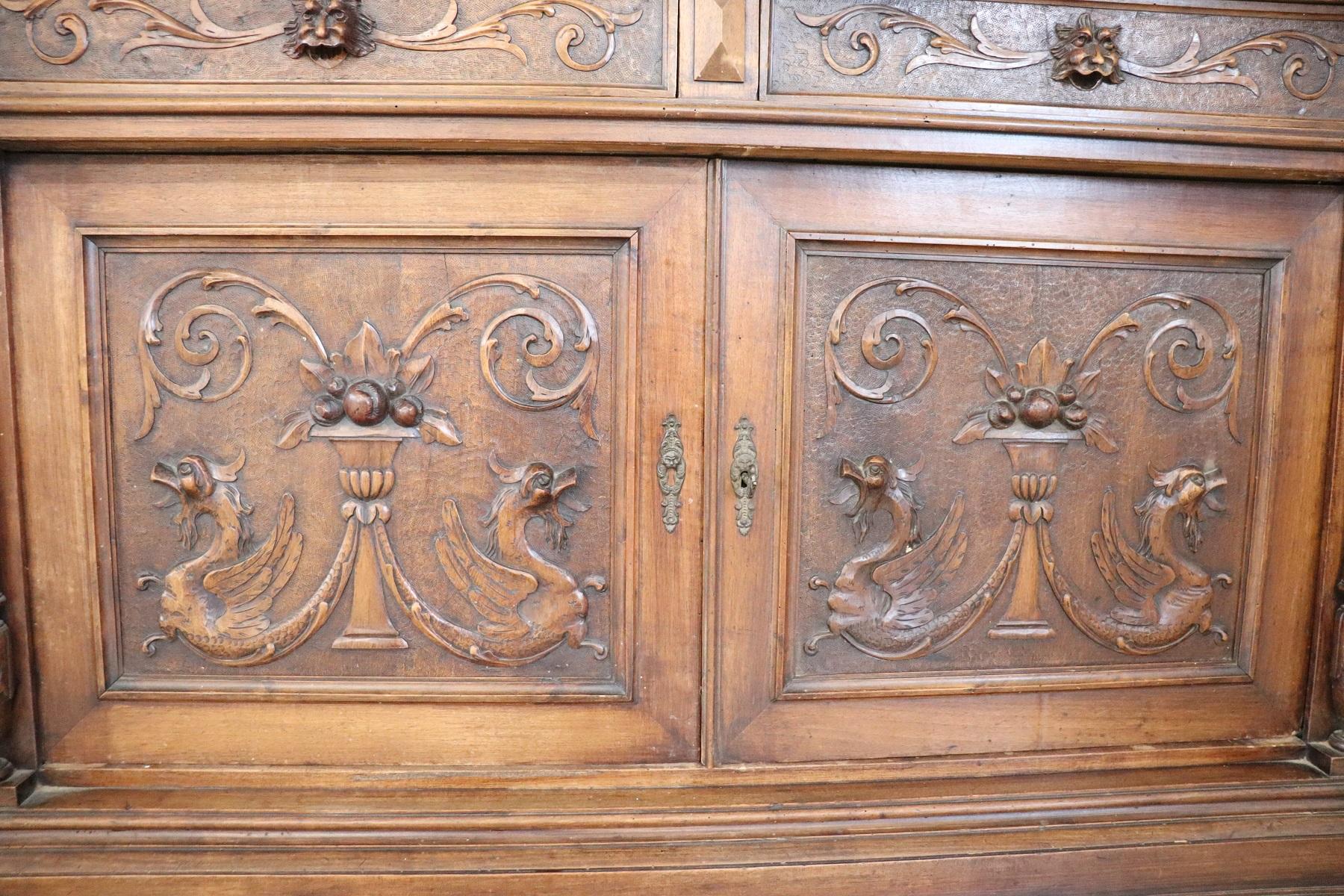 19th Century Italian Renaissance Style Walnut Carved Sideboard, Set of 2 For Sale 4