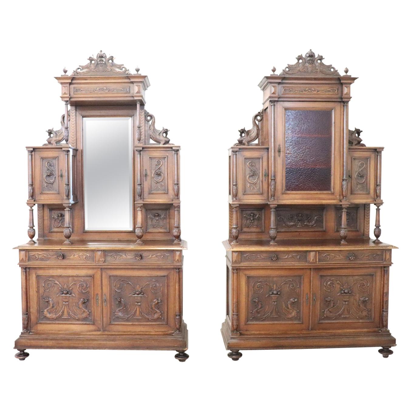 19th Century Italian Renaissance Style Walnut Carved Sideboard, Set of 2 For Sale