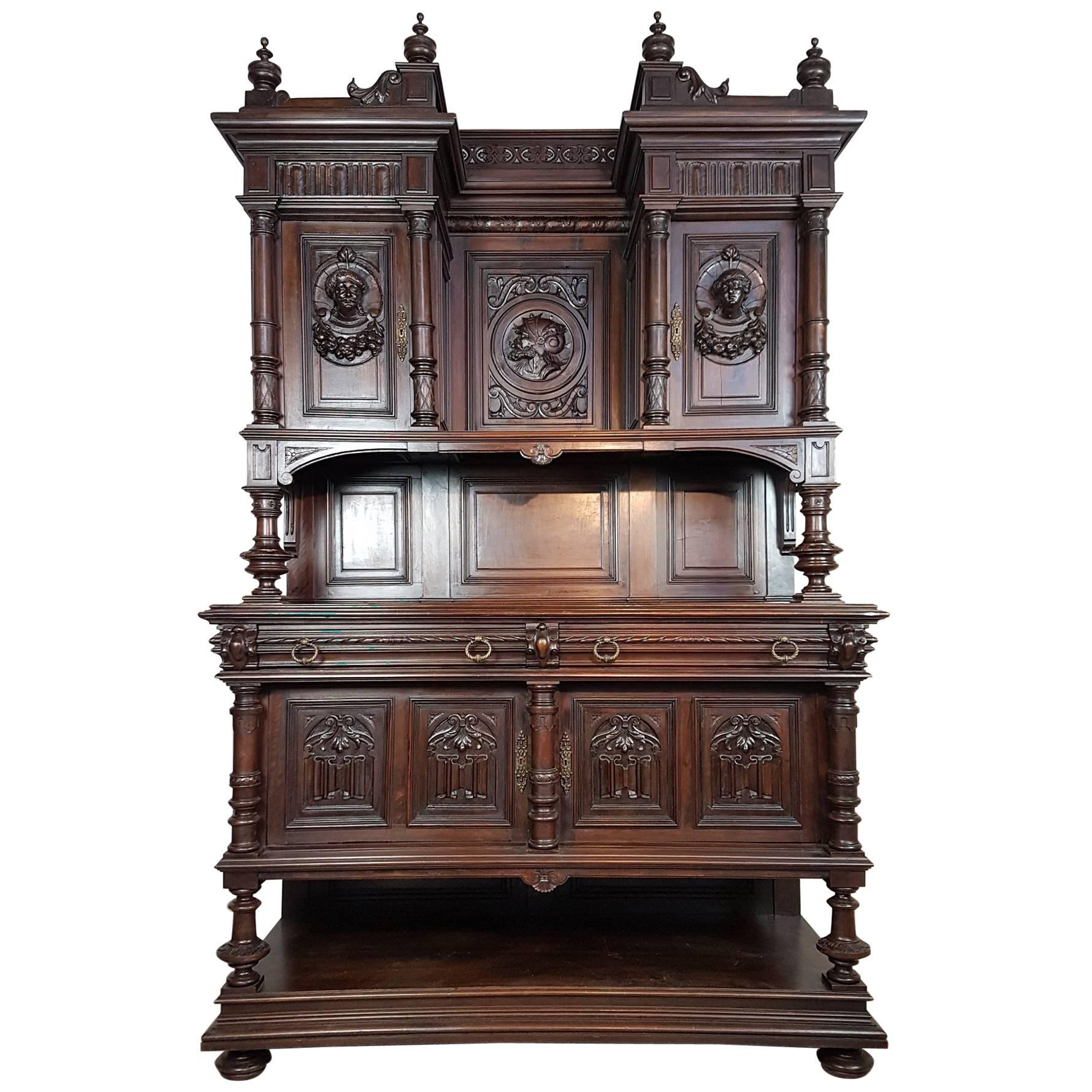 19th Century Italian Renaissance Style Walnut Carved Sideboards