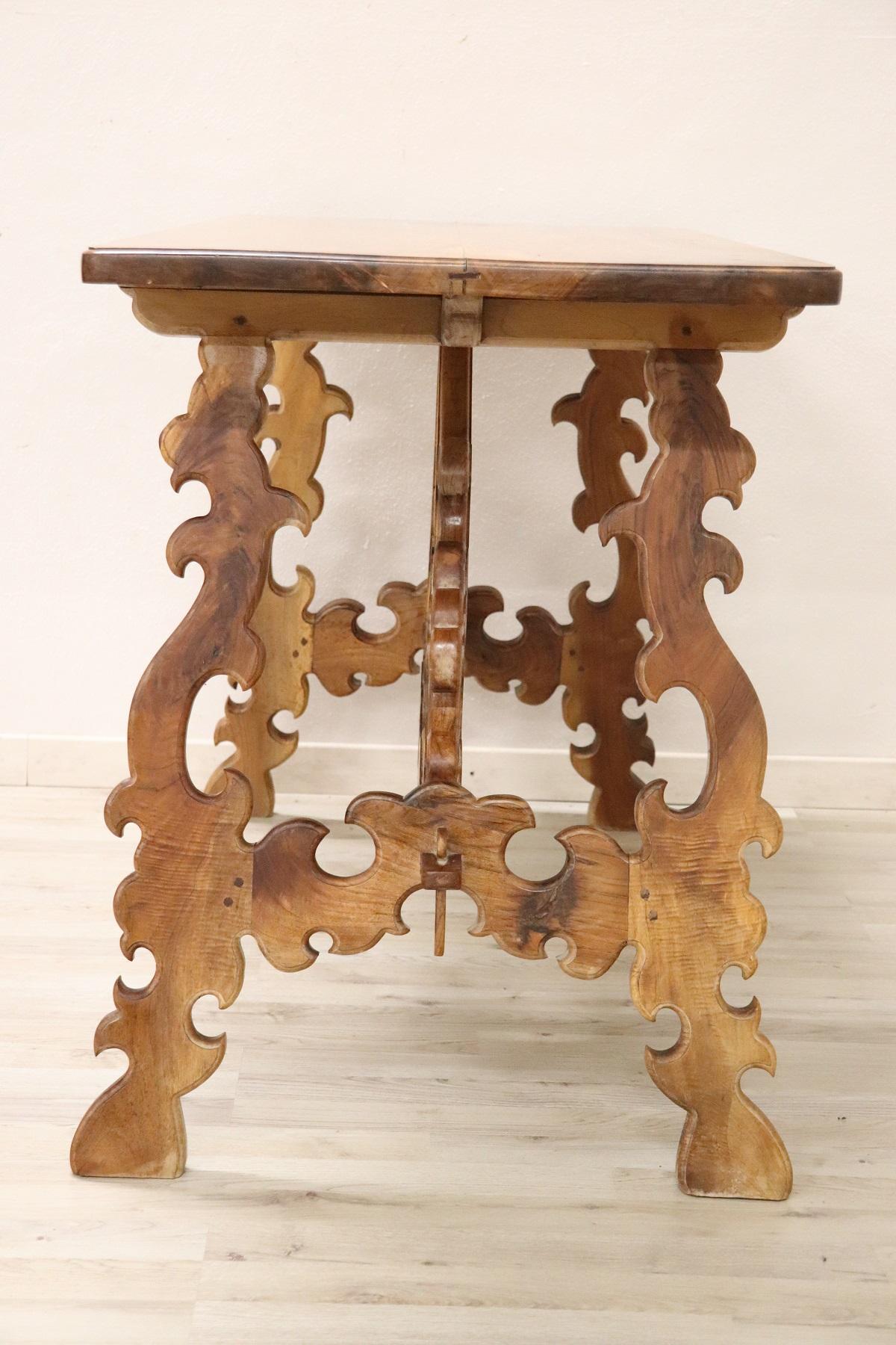 Carved 19th Century Italian Renaissance Style Walnut Desk or Side Table with Lyre Legs