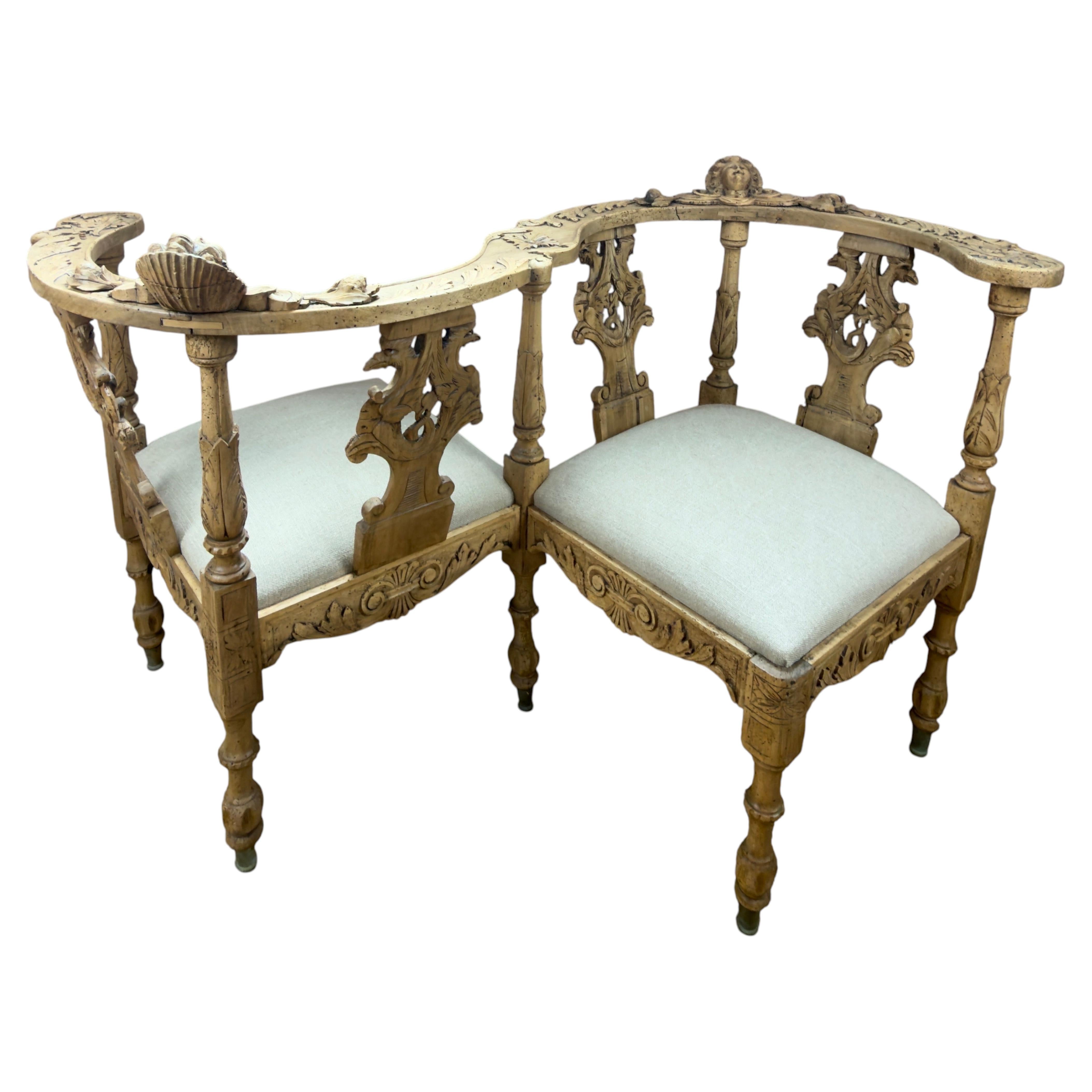 19th Century Italian Renaissance Venetian Tête-à-Tête Courting Bench w/ Cherubs