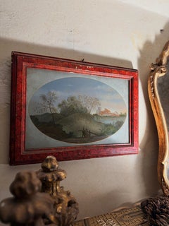 19th-Century Italian Reverse Glass Painting Oval Bucolic Landscape Lacquer Frame