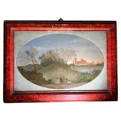 19th-Century Italian Reverse Glass Painting Oval Bucolic Landscape Lacquer Frame