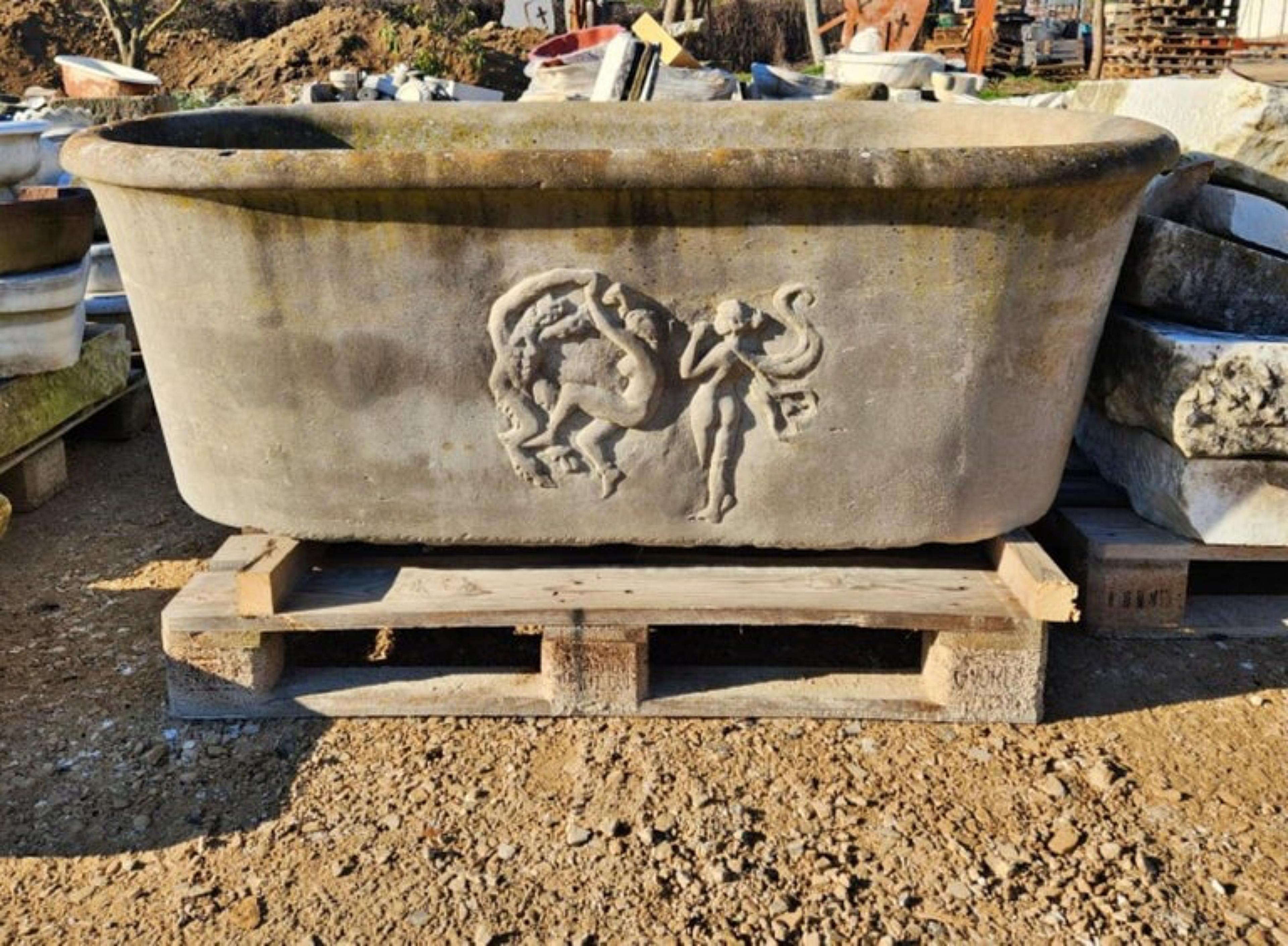 Hand-Crafted 19th Century Italian Ringed Double Sided Stone Tub For Sale