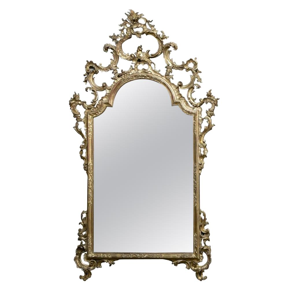 19th Century Italian Rococo Hand Carved Giltwood Mirror