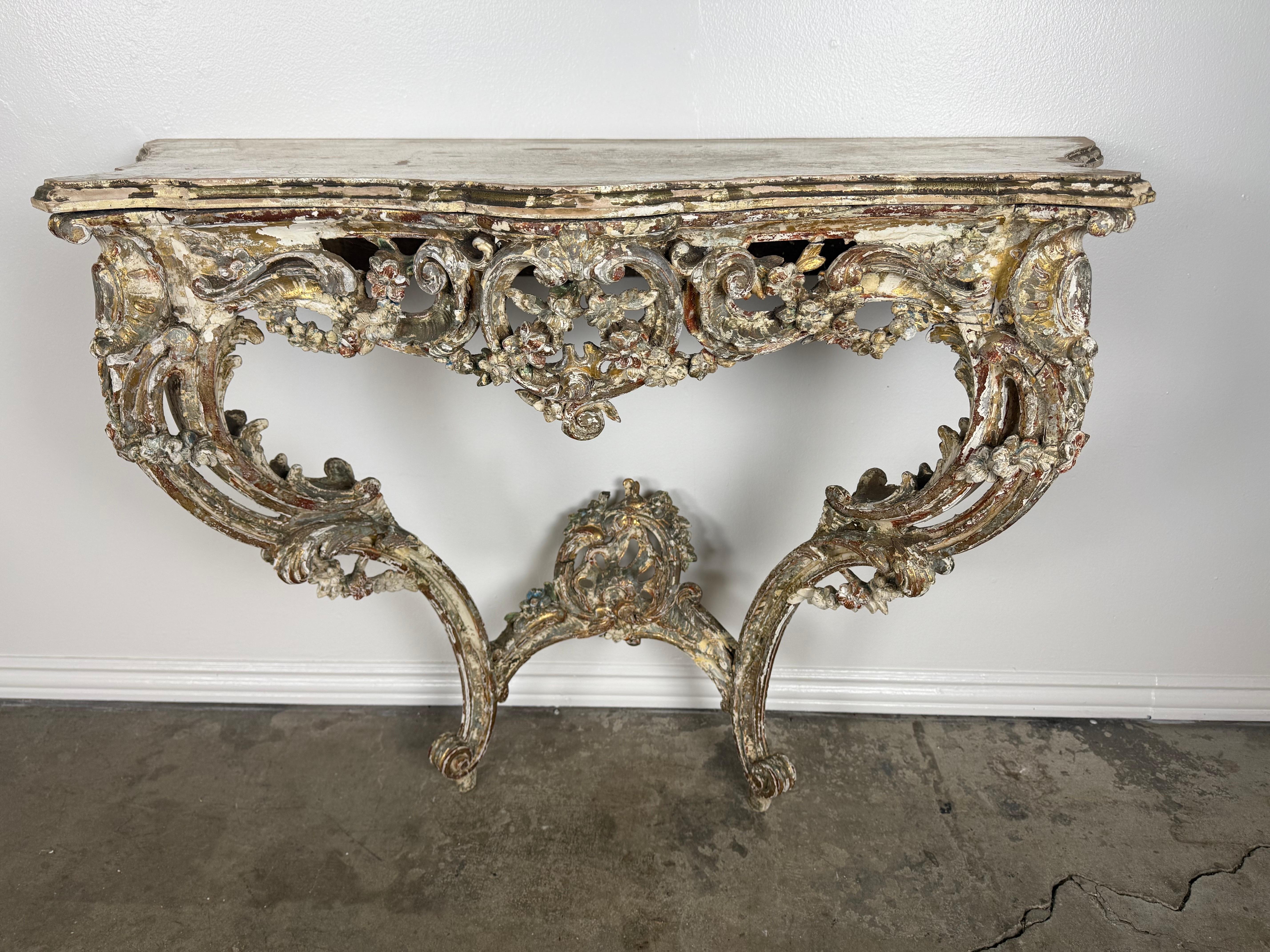 19th-Century Italian Rococo Painted and Giltwood Console Table In Distressed Condition For Sale In Los Angeles, CA