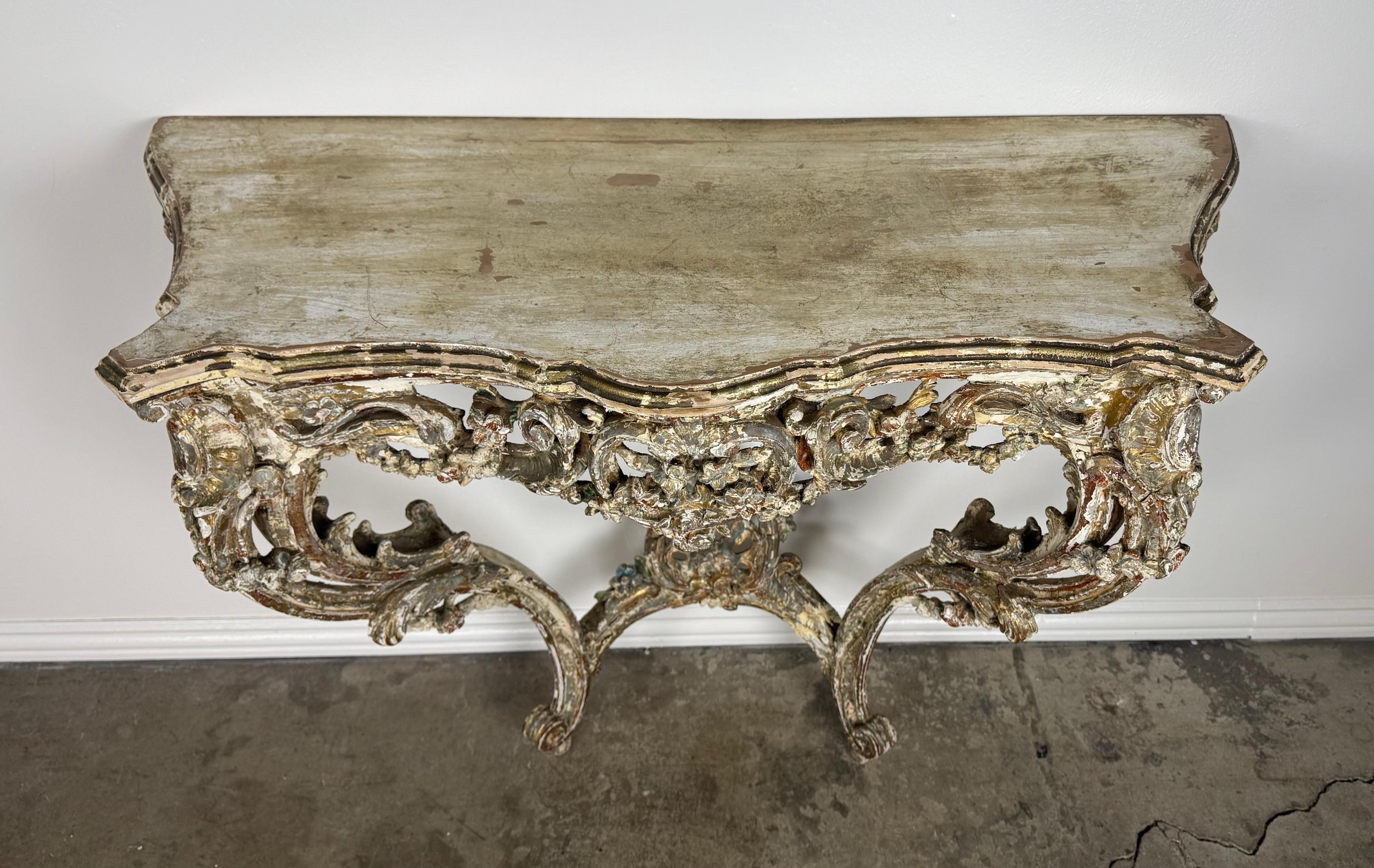 19th Century 19th-Century Italian Rococo Painted and Giltwood Console Table For Sale