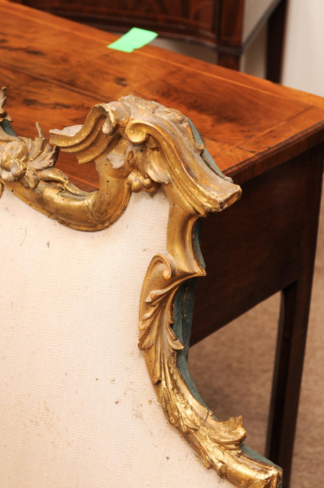 19th Century Italian Rococo Style Carved Giltwood Headboard with Linen Upholster For Sale 8