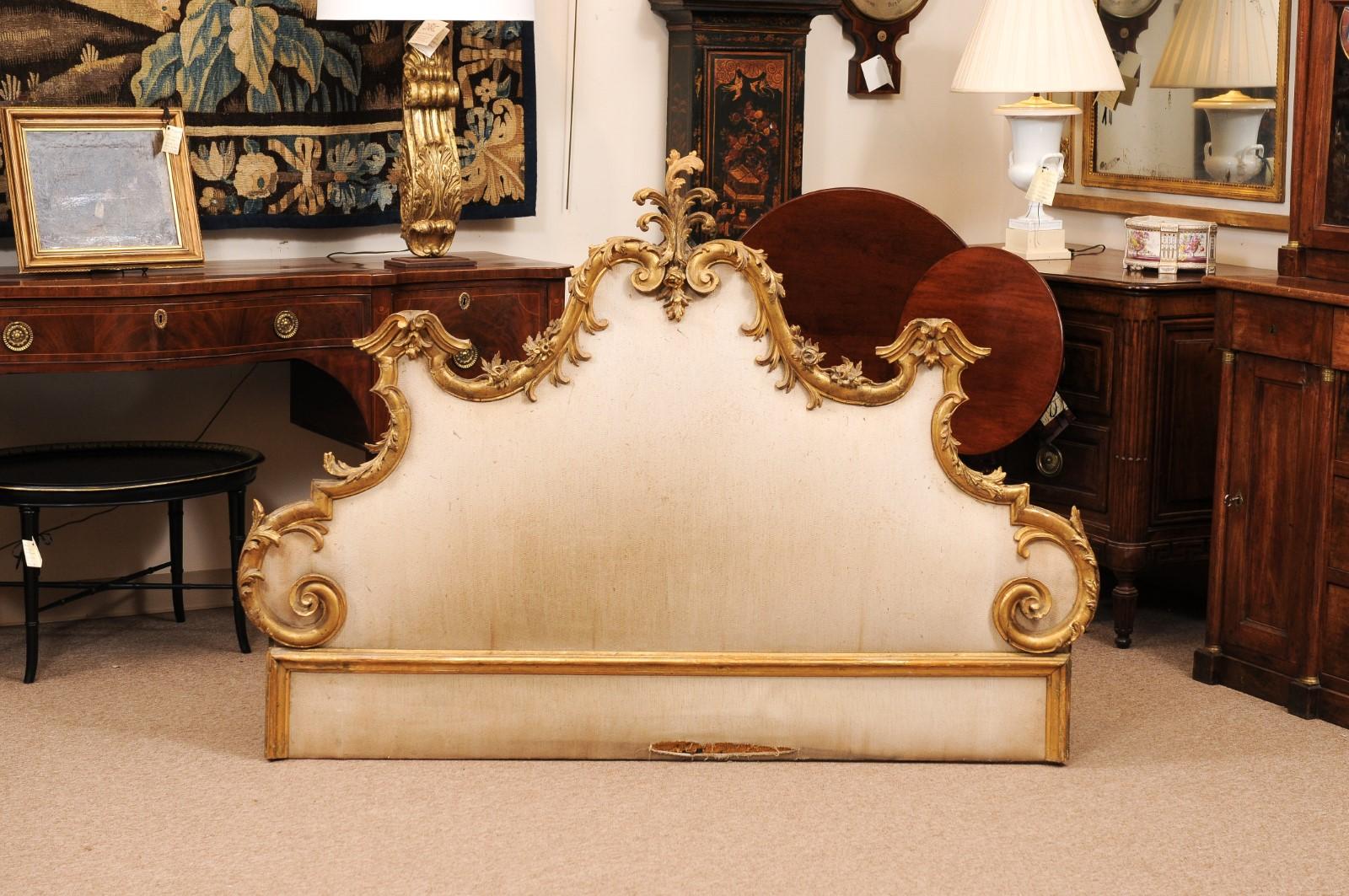 19th Century Italian Rococo Style Carved Giltwood Headboard with Linen Upholstery