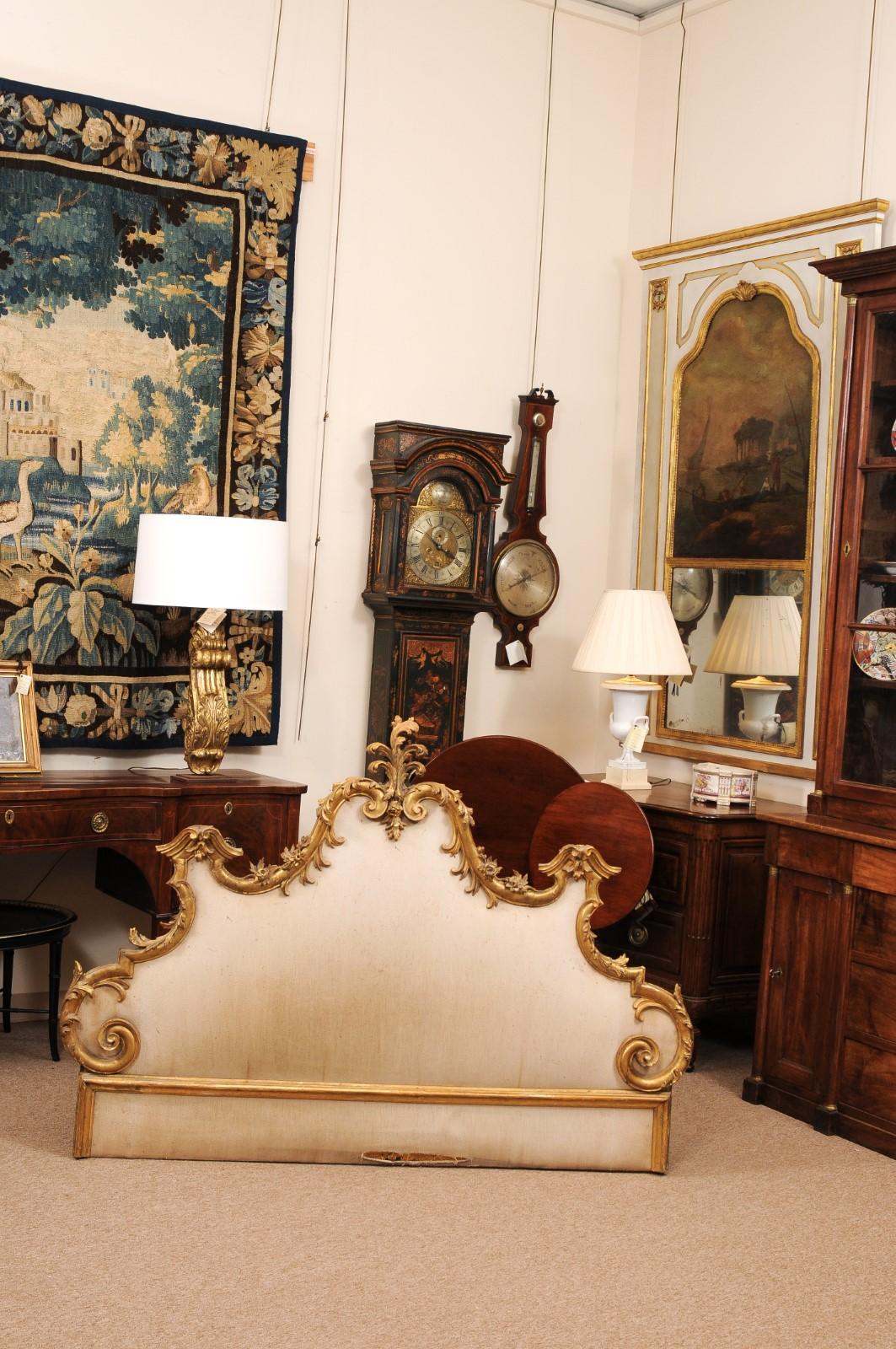 19th Century Italian Rococo Style Carved Giltwood Headboard with Linen Upholster In Fair Condition For Sale In Atlanta, GA