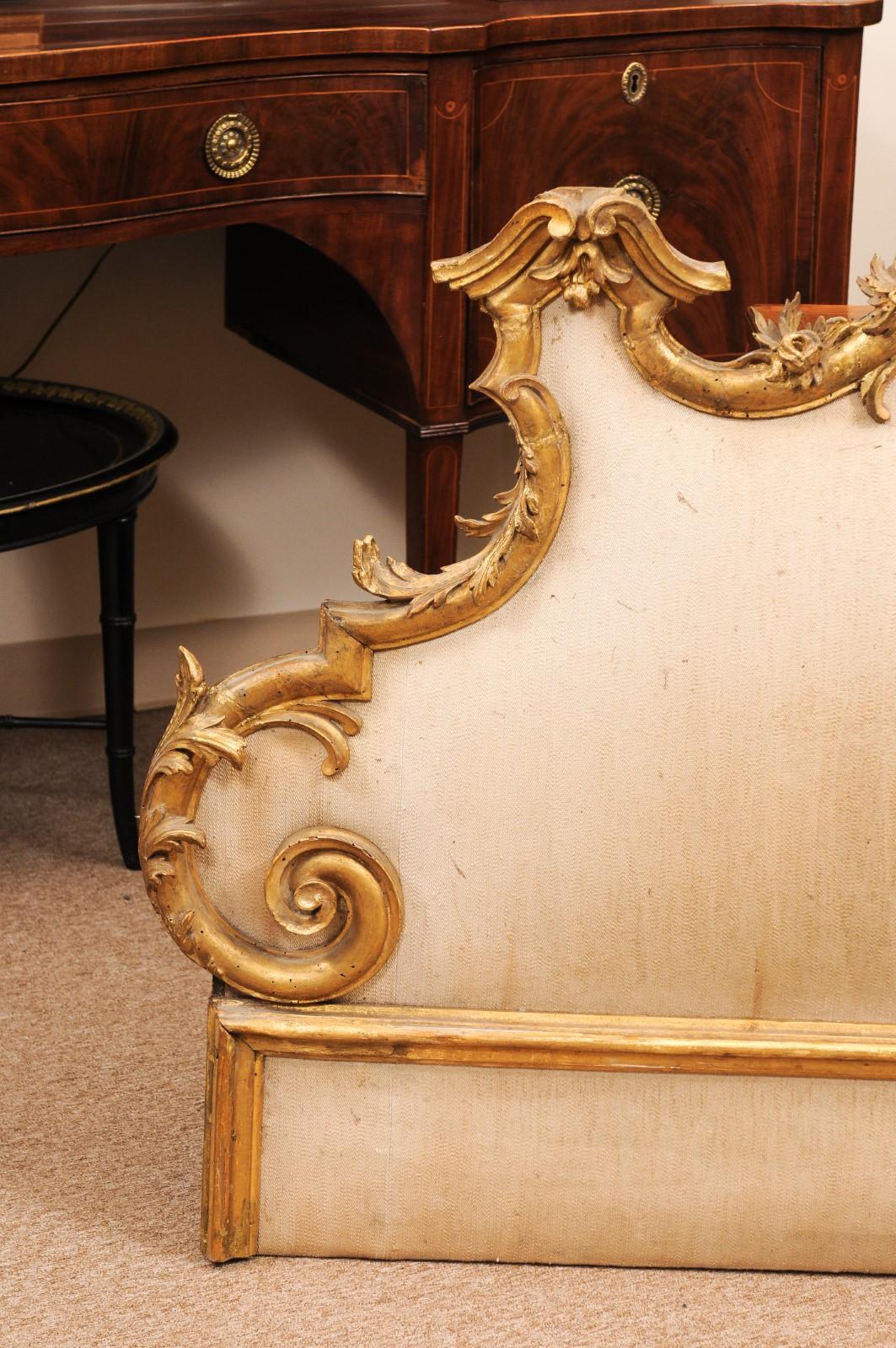 19th Century Italian Rococo Style Carved Giltwood Headboard with Linen Upholster For Sale 1