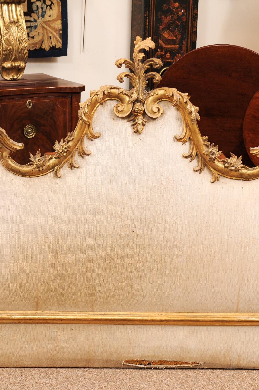 19th Century Italian Rococo Style Carved Giltwood Headboard with Linen Upholster For Sale 2
