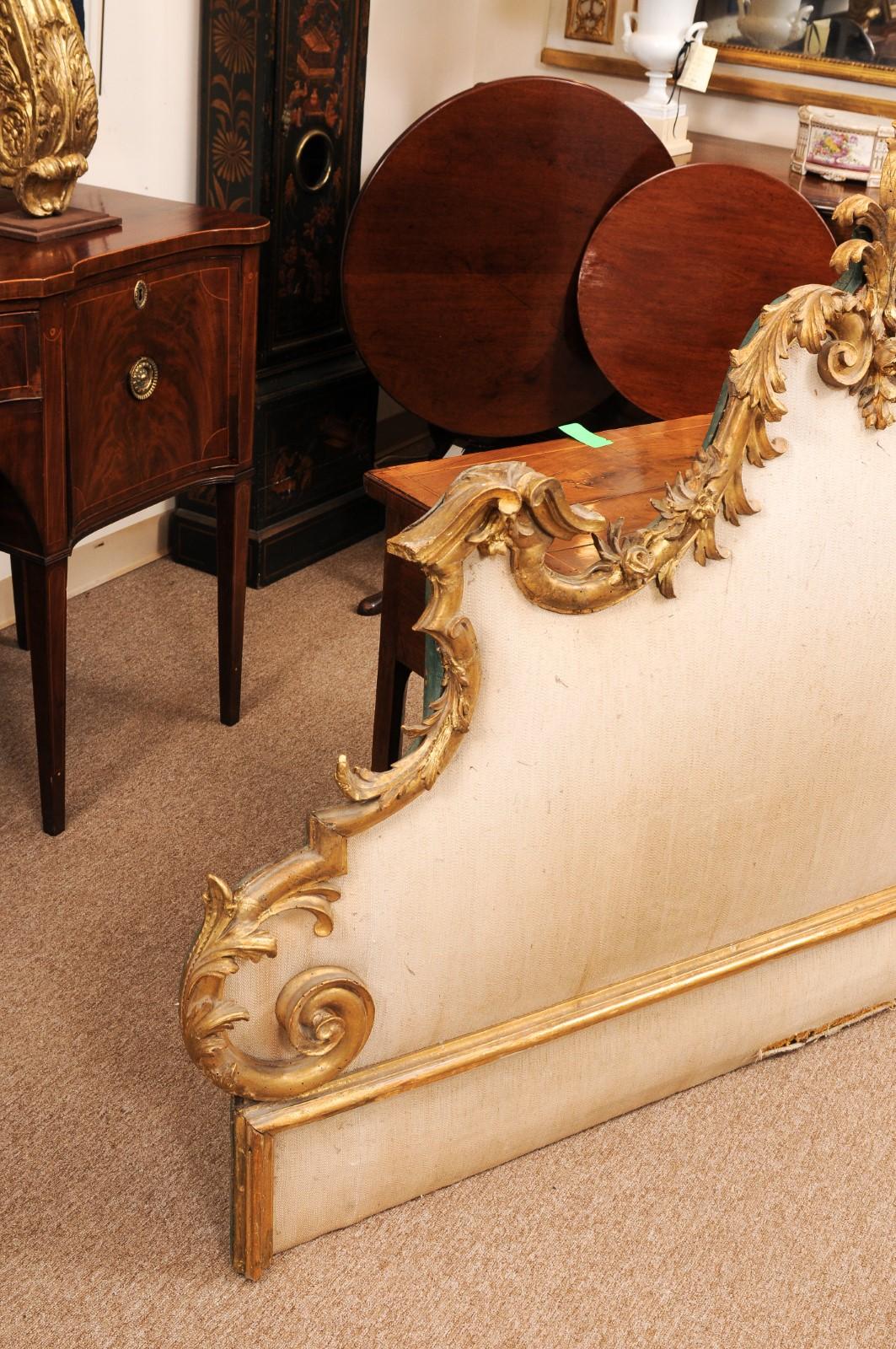 19th Century Italian Rococo Style Carved Giltwood Headboard with Linen Upholster For Sale 4
