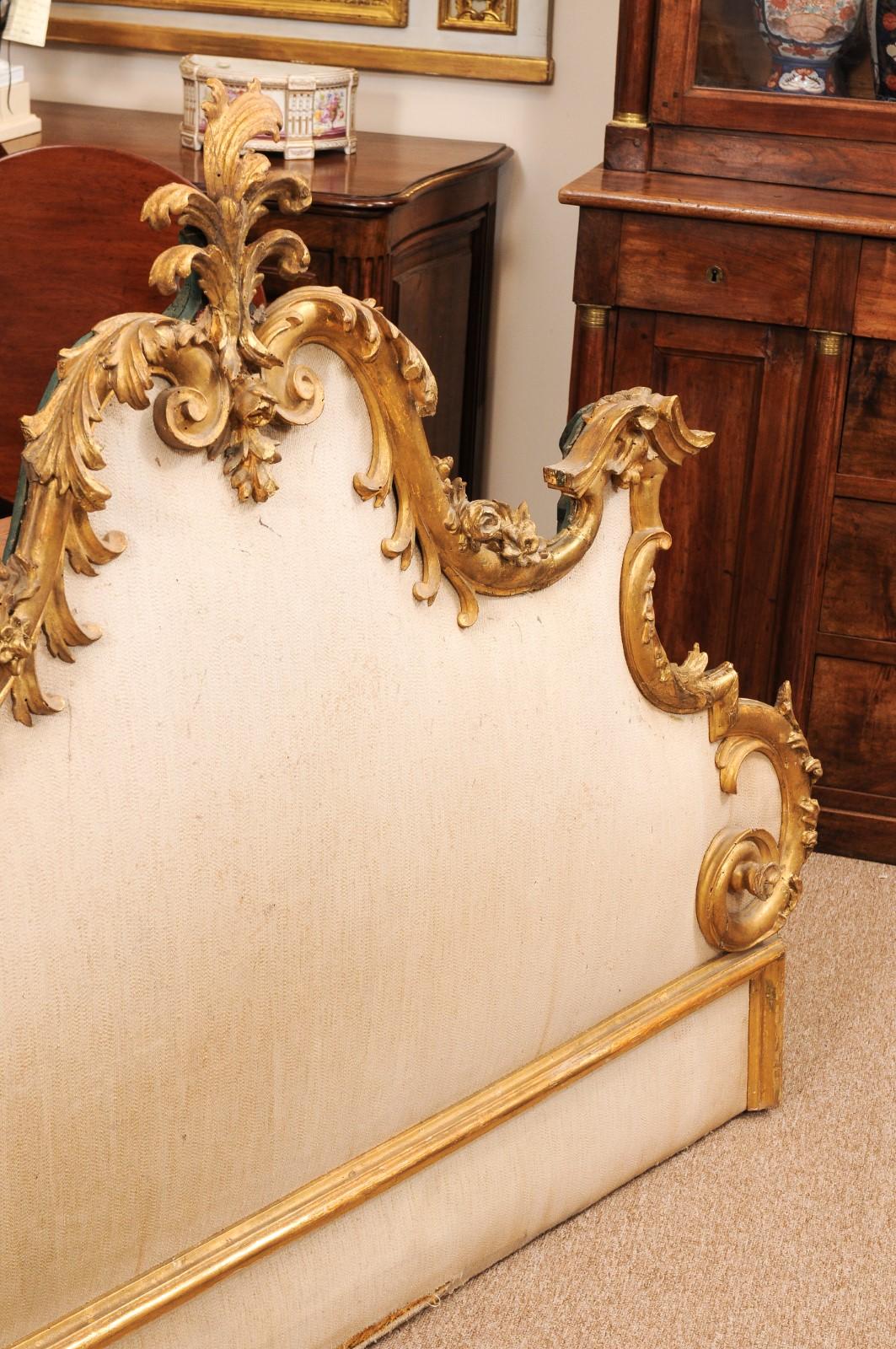 19th Century Italian Rococo Style Carved Giltwood Headboard with Linen Upholster For Sale 5