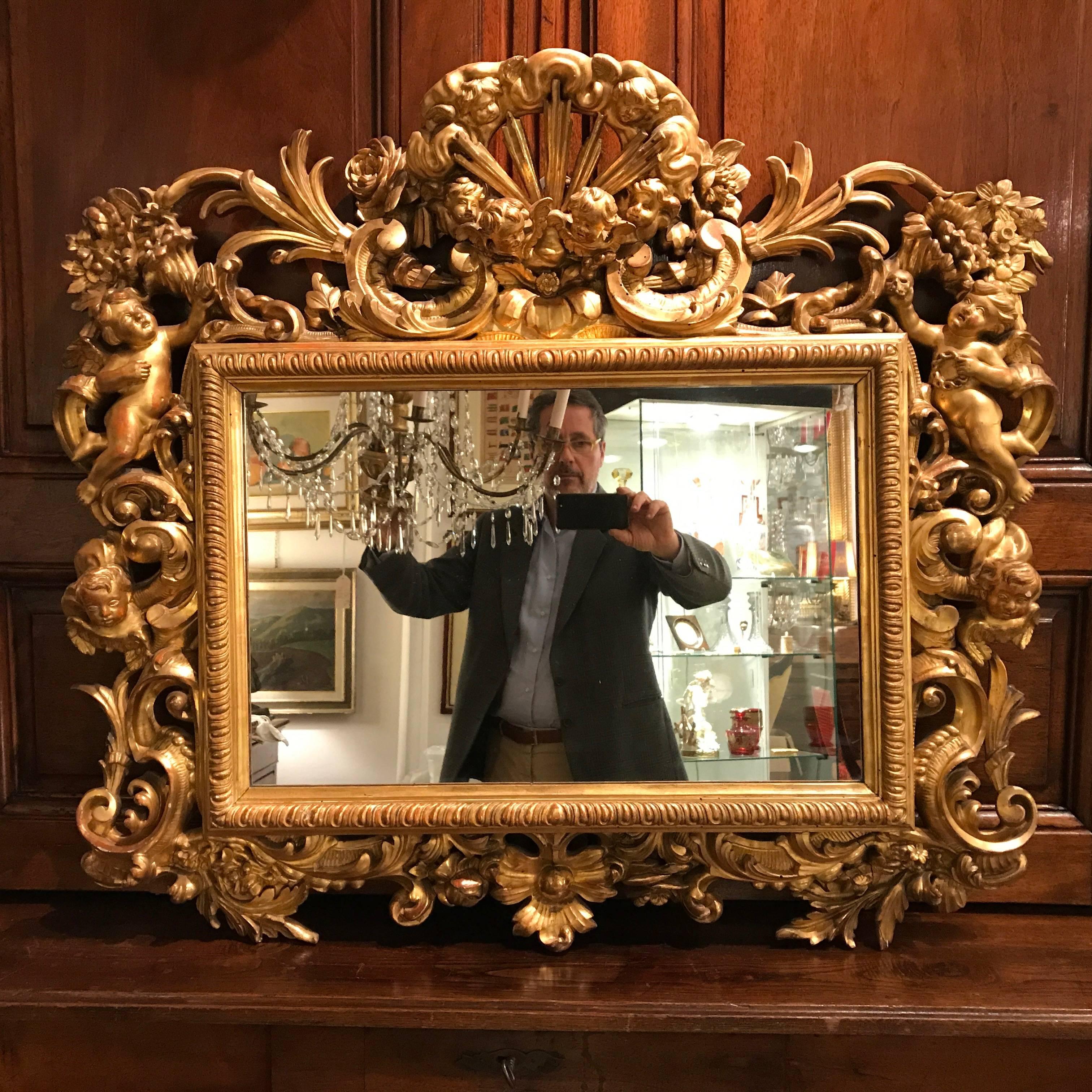 19th Century Italian Gilt Wood Mirror Cherubs Carving Rococo Style  6