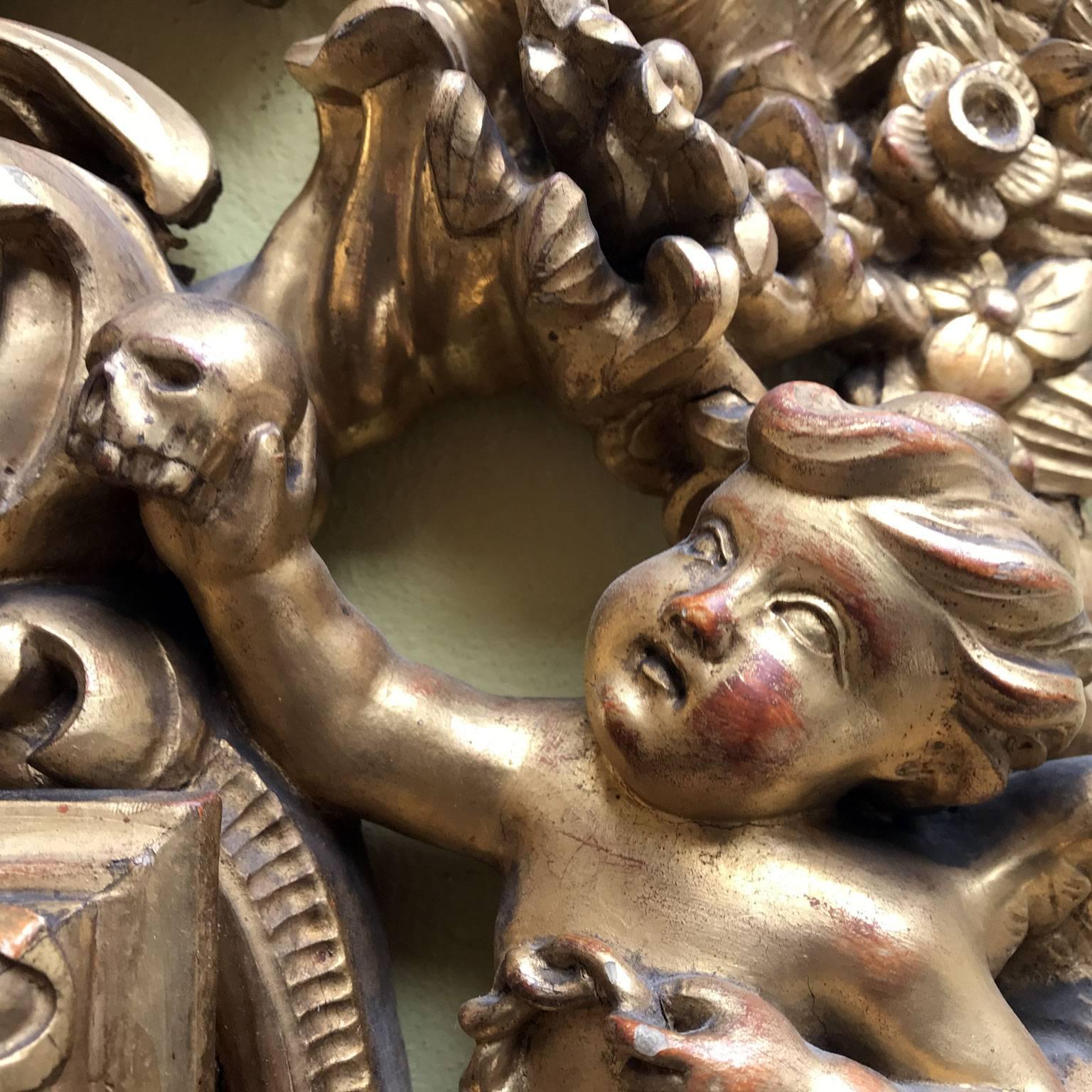 19th Century Italian Gilt Wood Mirror Cherubs Carving Rococo Style  In Good Condition In Milan, IT