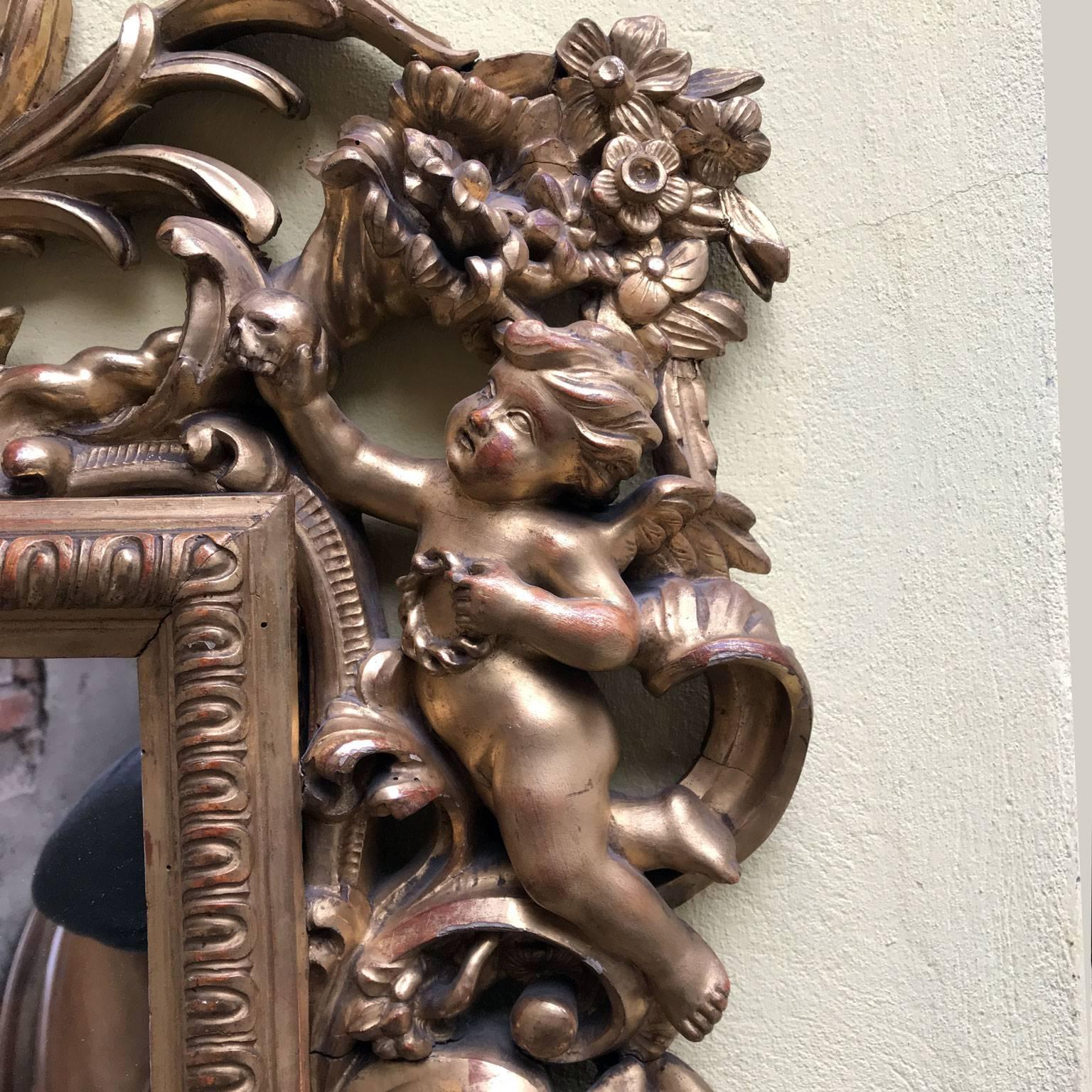 Pine 19th Century Italian Gilt Wood Mirror Cherubs Carving Rococo Style 
