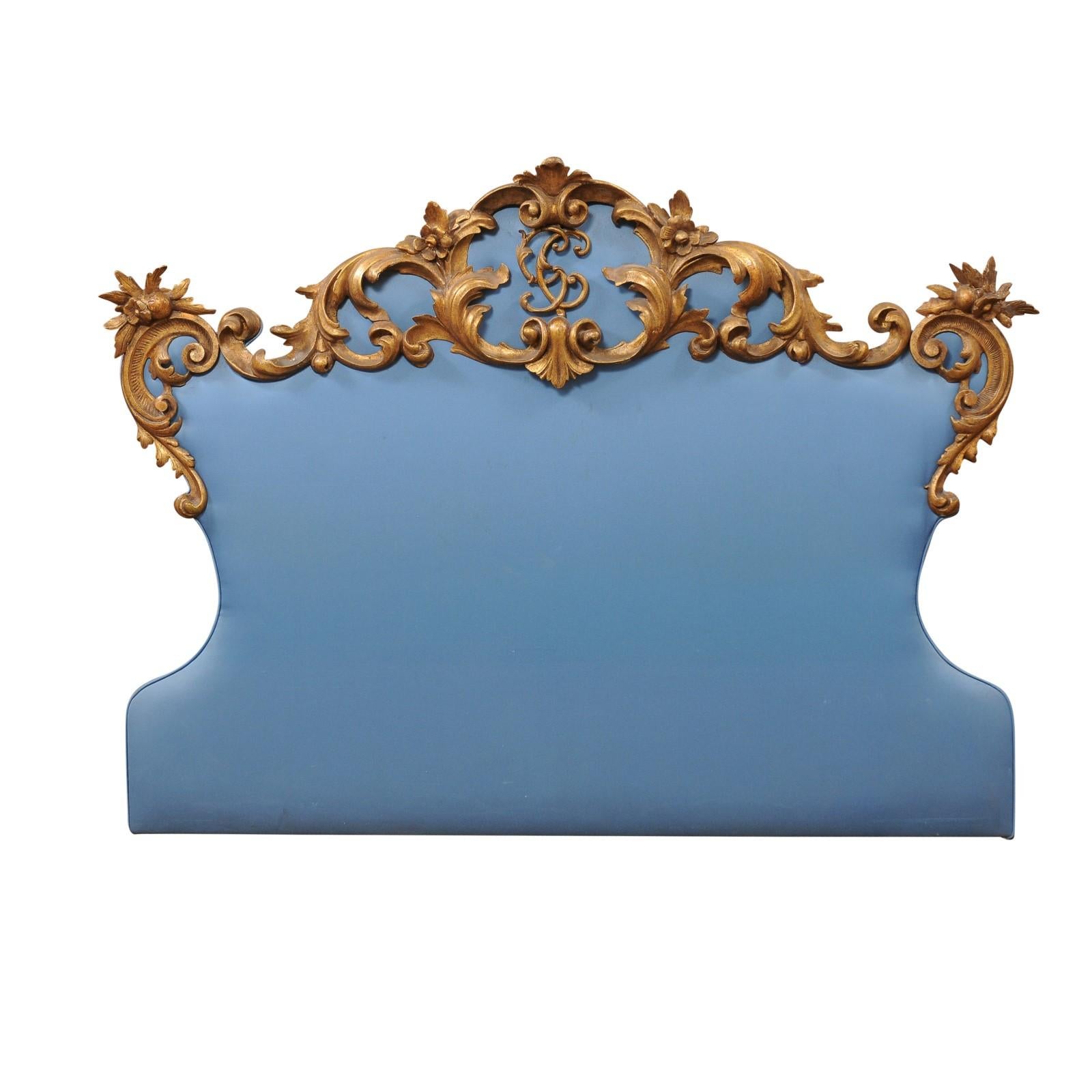 19th Century Italian Rococo Style Giltwood & Upholstered Headboard.