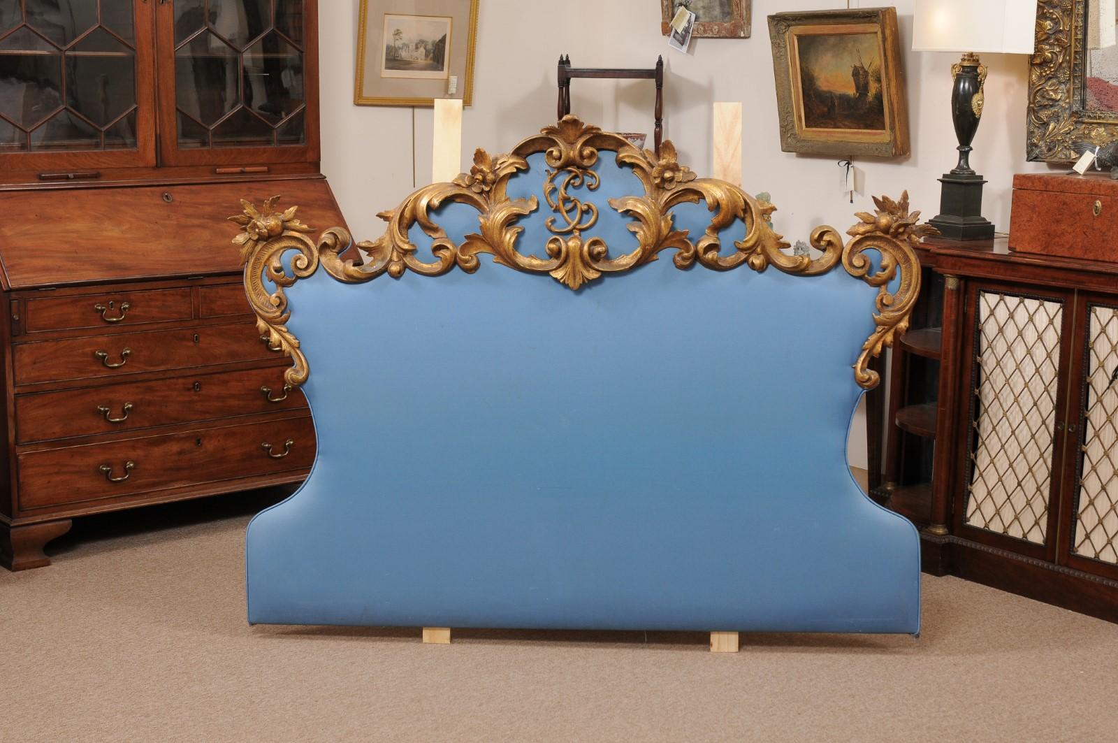 19th Century Italian Rococo Style Giltwood & Upholstered Headboard In Good Condition In Atlanta, GA