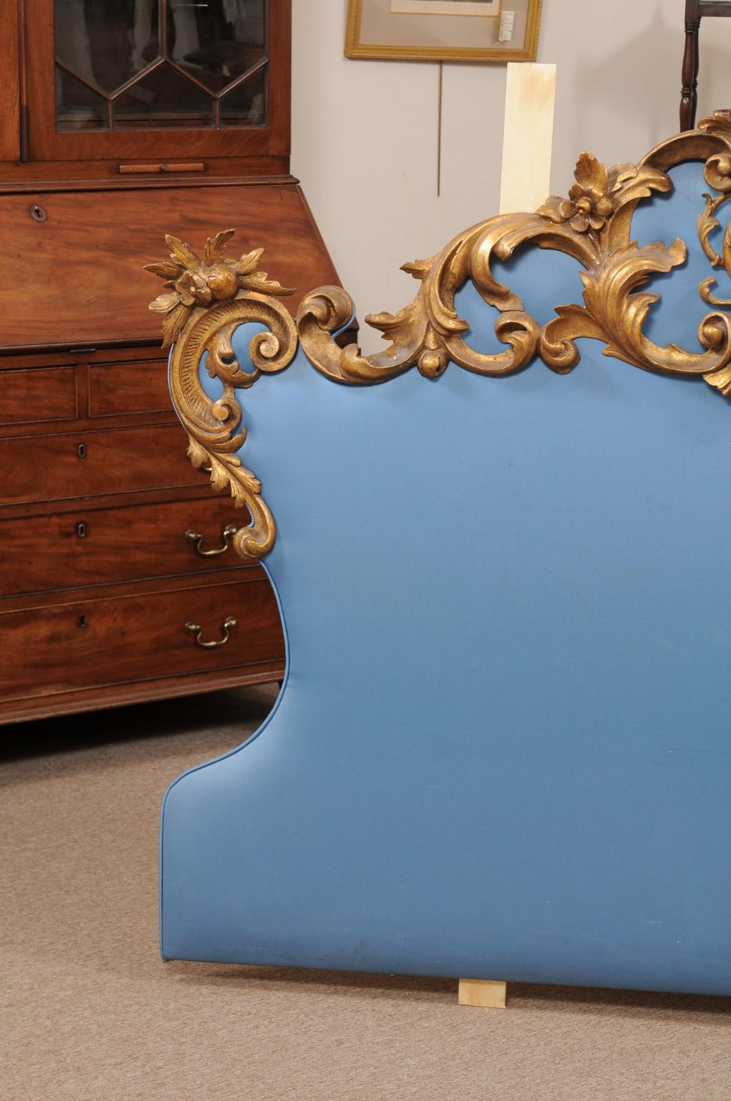 19th Century Italian Rococo Style Giltwood & Upholstered Headboard 1