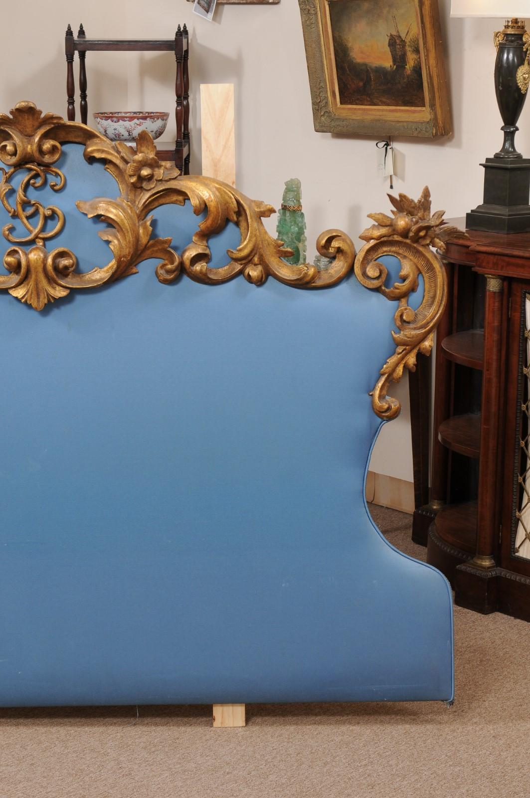 19th Century Italian Rococo Style Giltwood & Upholstered Headboard 2