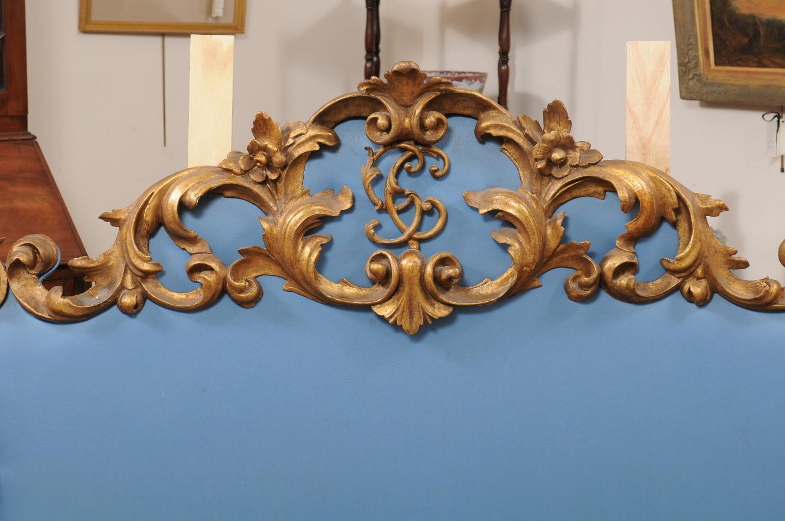 19th Century Italian Rococo Style Giltwood & Upholstered Headboard 3