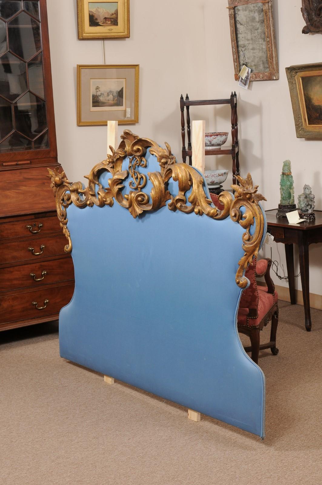 19th Century Italian Rococo Style Giltwood & Upholstered Headboard 6