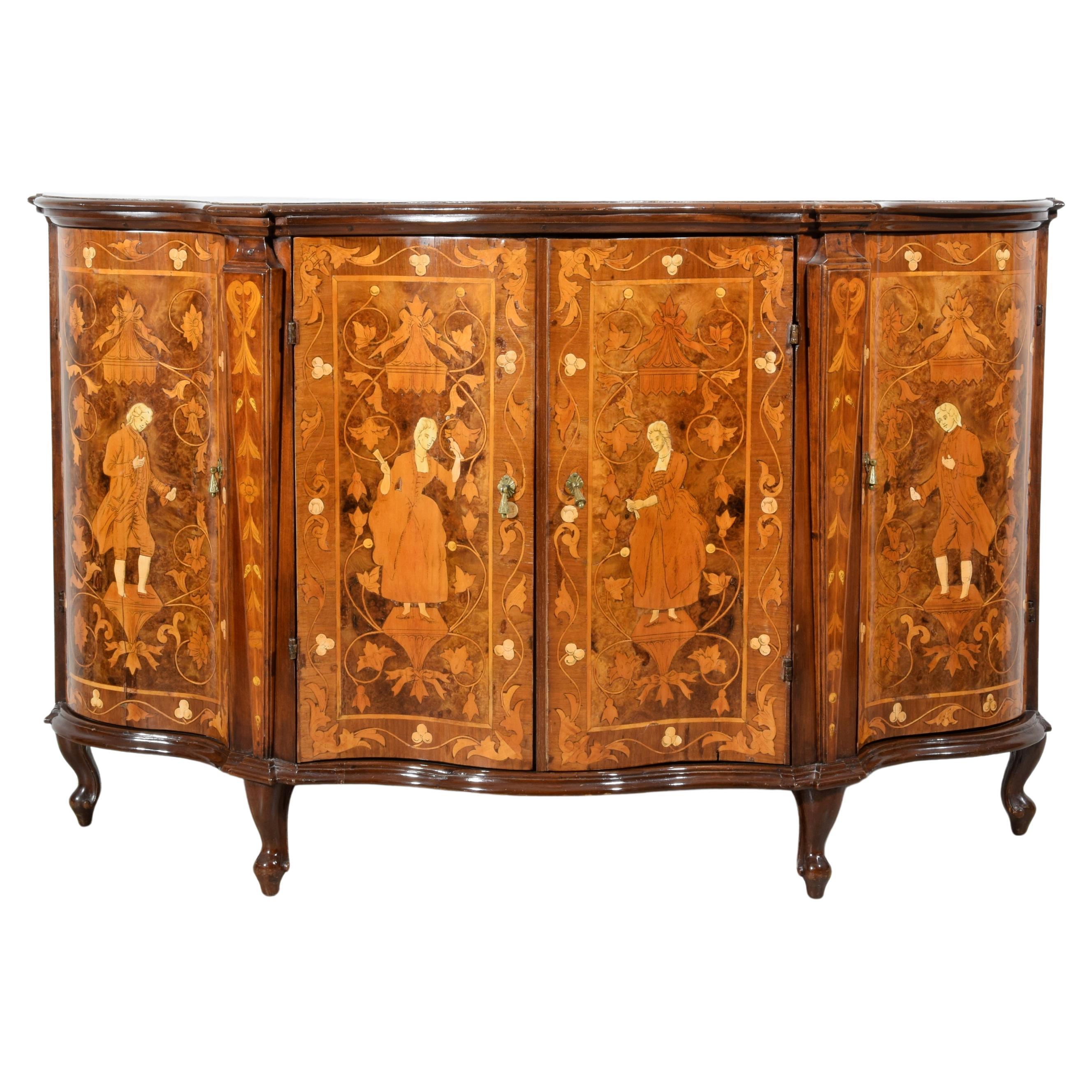 19th Century, Italian Rococo Style Inlay Wood Sideboard For Sale