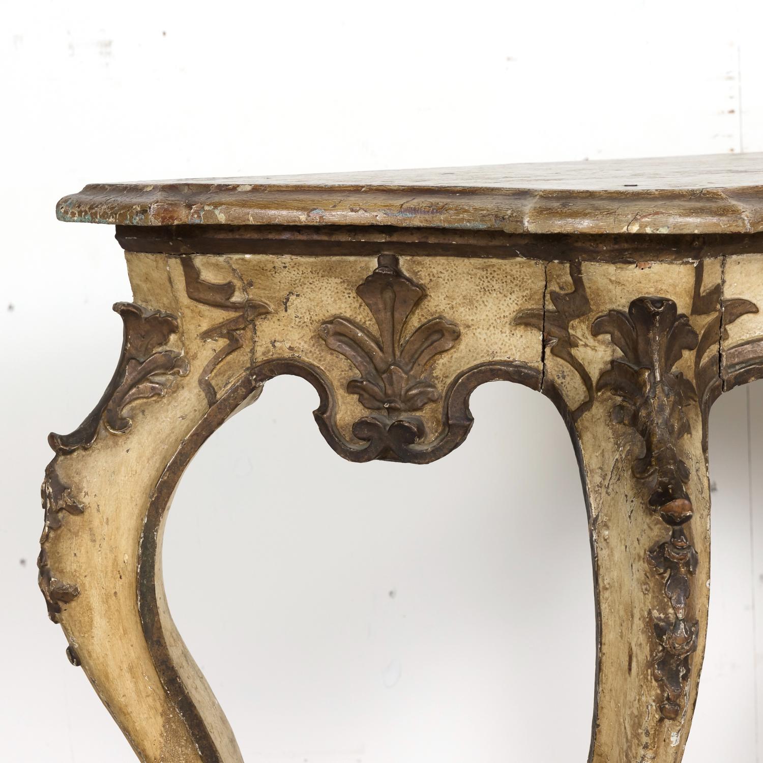 19th Century Italian Rococo Style Painted and Parcel Gilt Console Table For Sale 5