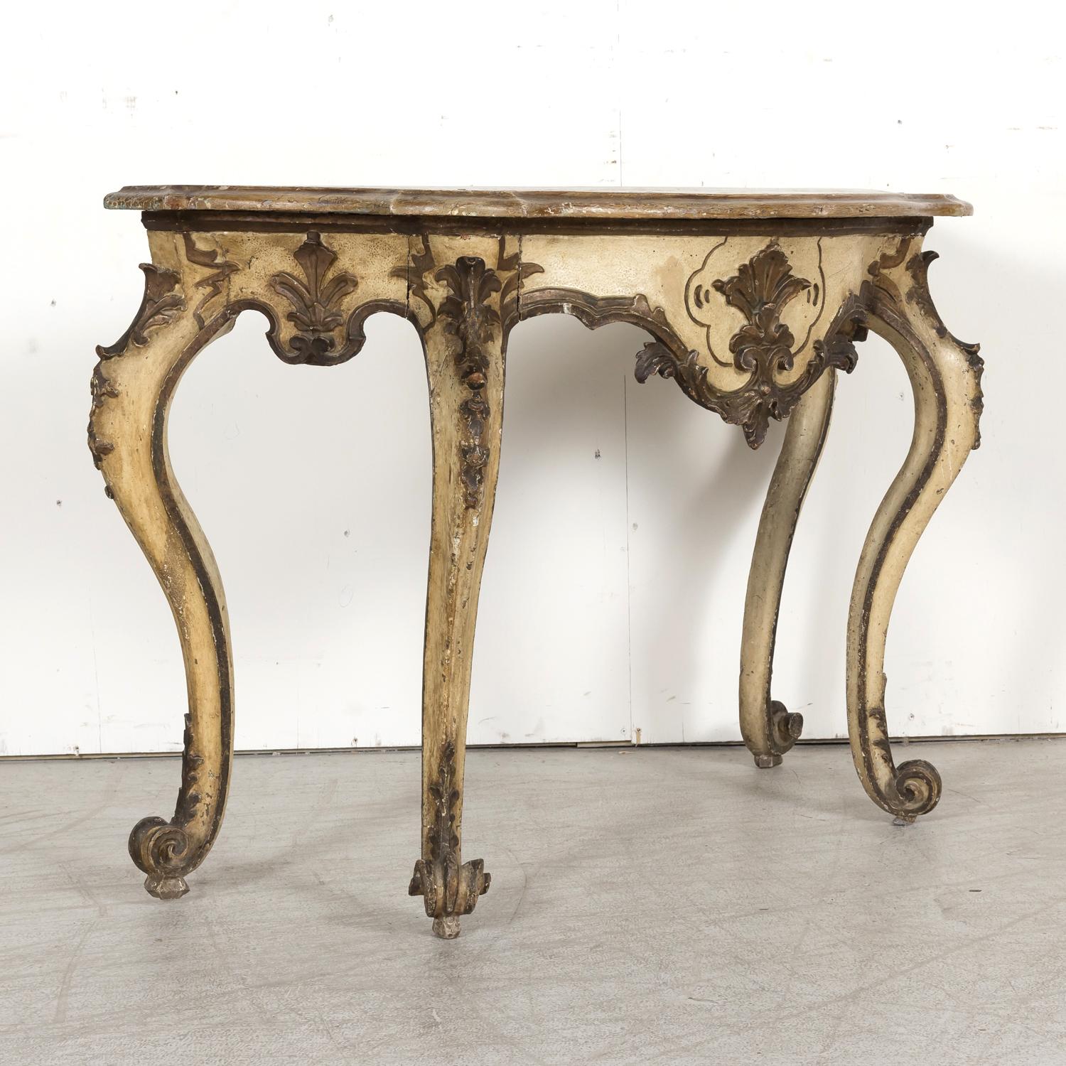 Wood 19th Century Italian Rococo Style Painted and Parcel Gilt Console Table For Sale