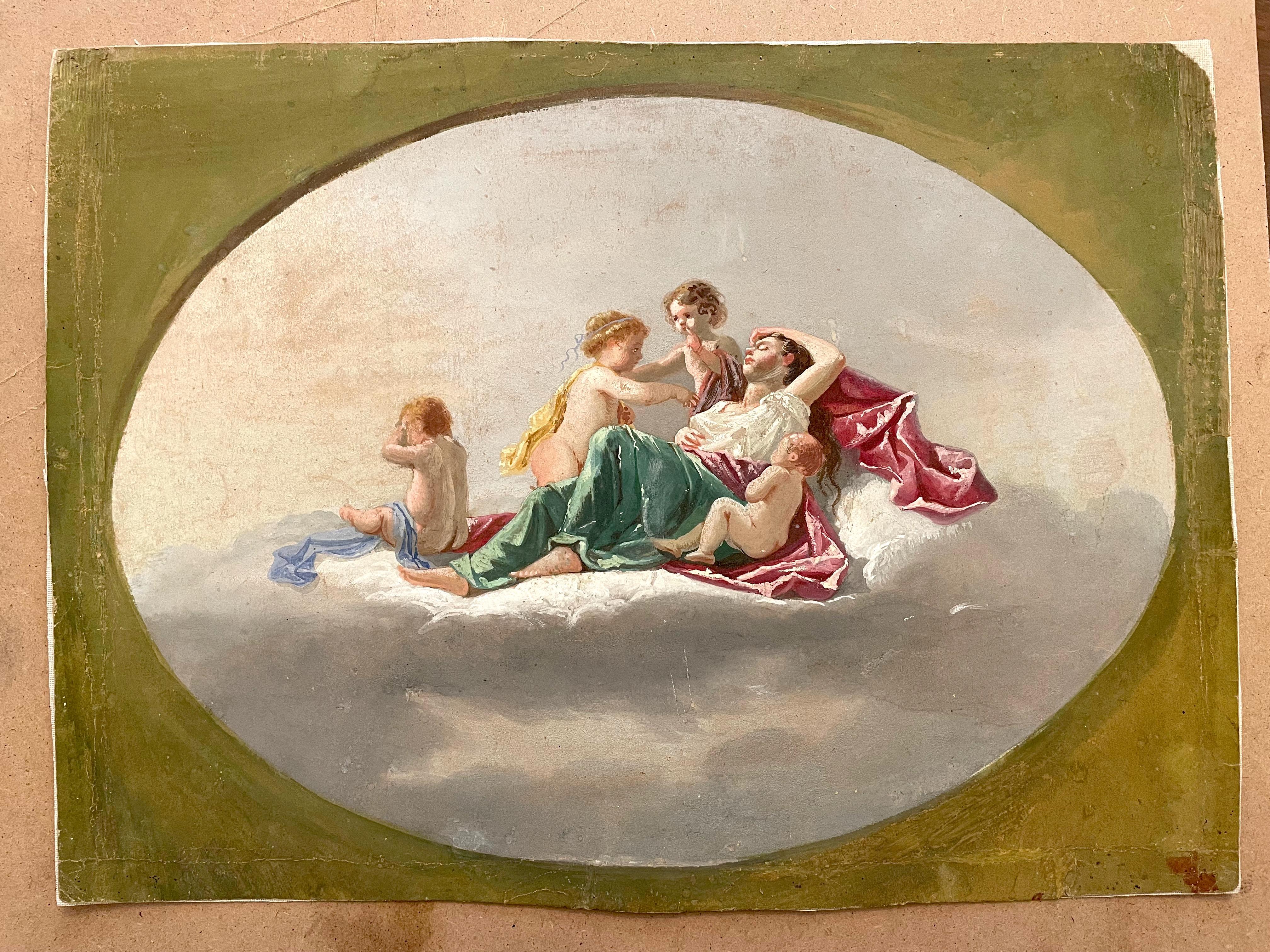 19th Century Italian Gouache Romantic Allegory of Ecstasy with Putti For Sale 5