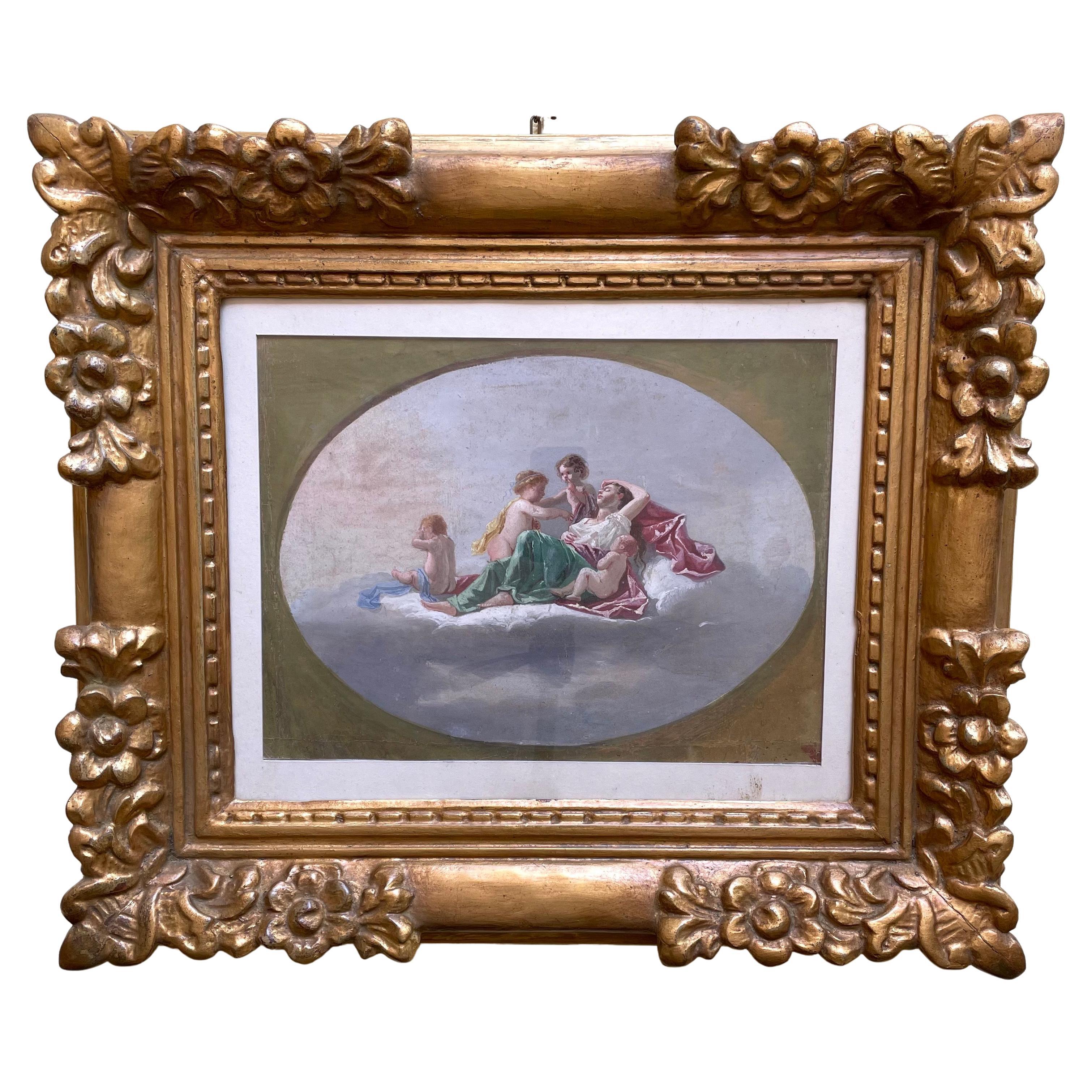 Allegory of ecstasy with Cupid, an 19th century Italian tempera and watercolor painting, oval composition within a rectangular greenish frame.

The painting depicts the dream, the ecstasy of a woman lying on a cloud and surrounded and guarded by