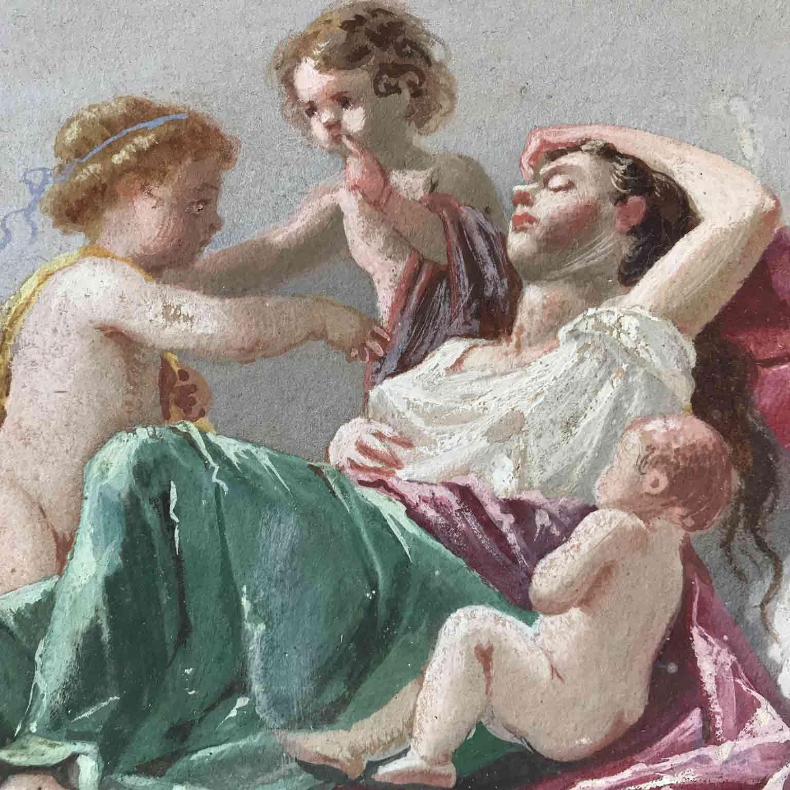 Carved 19th Century Italian Gouache Romantic Allegory of Ecstasy with Putti For Sale