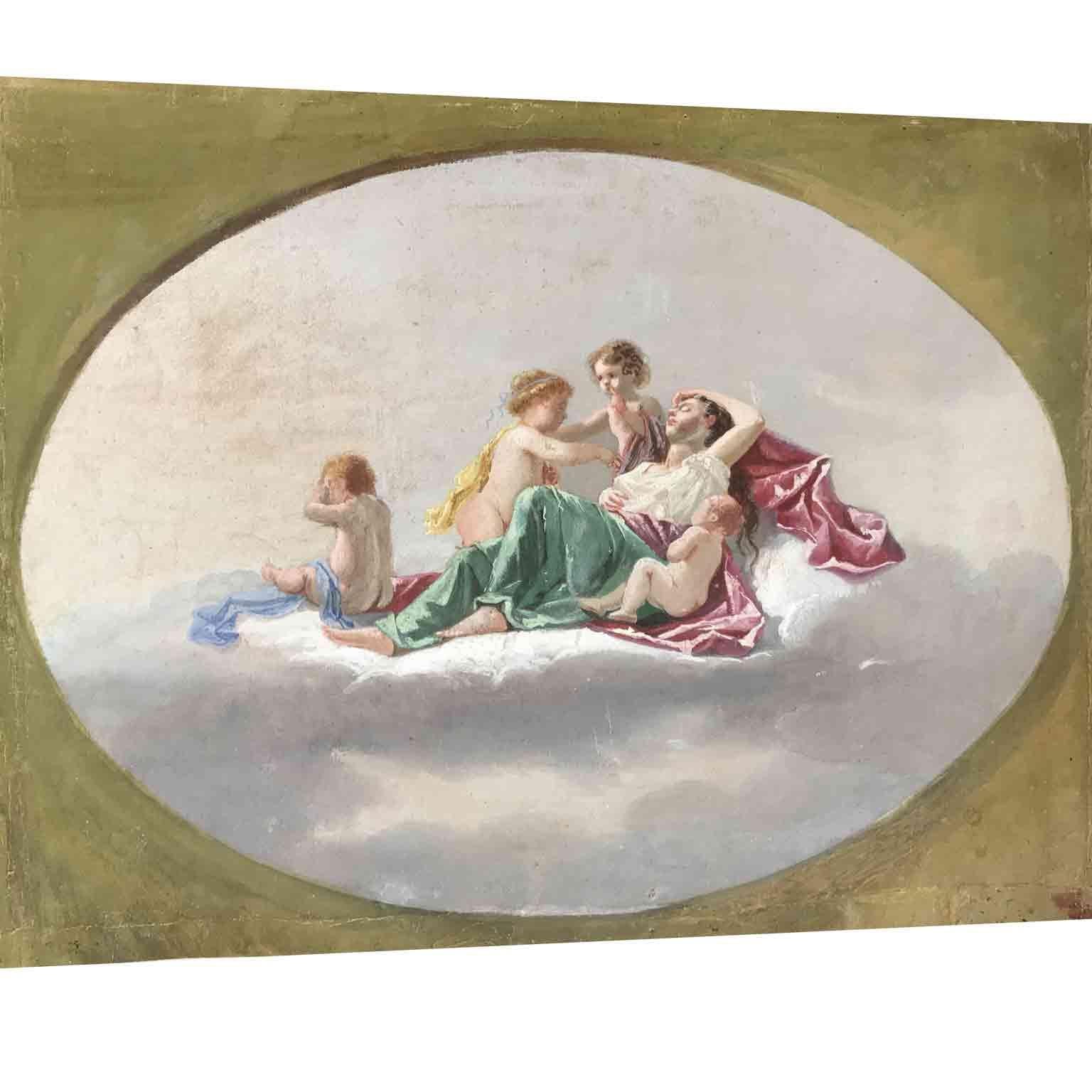 Guazzo italiano del XIX secolo Allegoria romantica dell'estasi con putti in vendita 1
