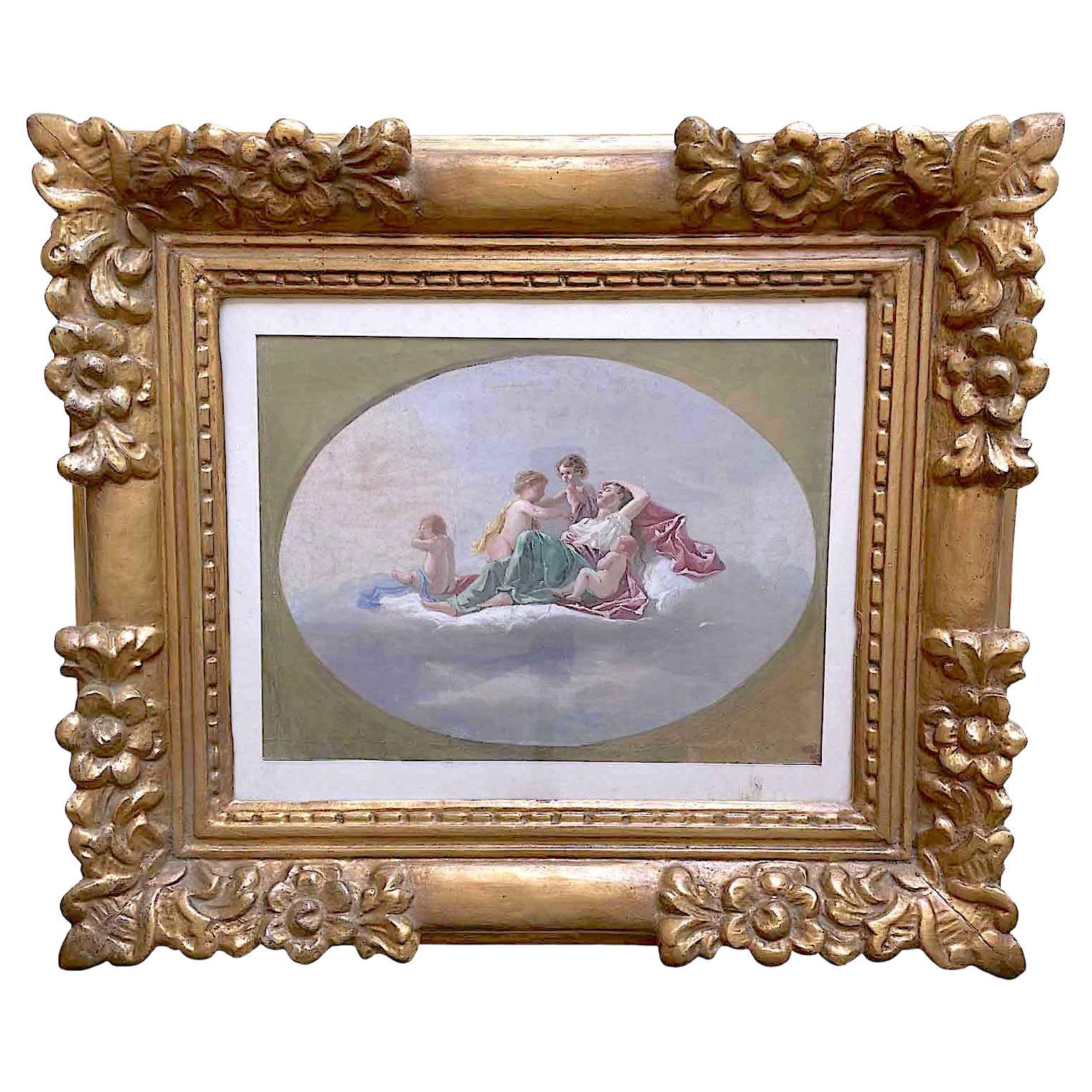 19th Century Italian Gouache Romantic Allegory of Ecstasy with Putti For Sale