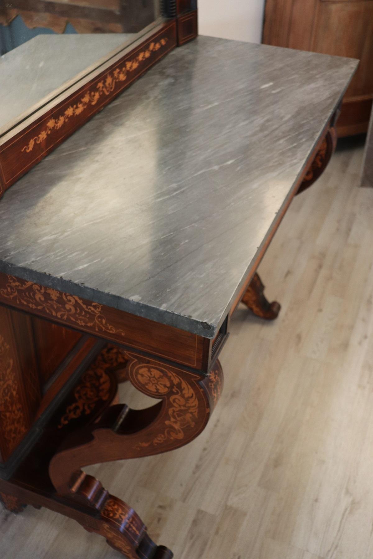 19th Century Italian Rosewood Inlay Marble Top Console Table with Mirror 4