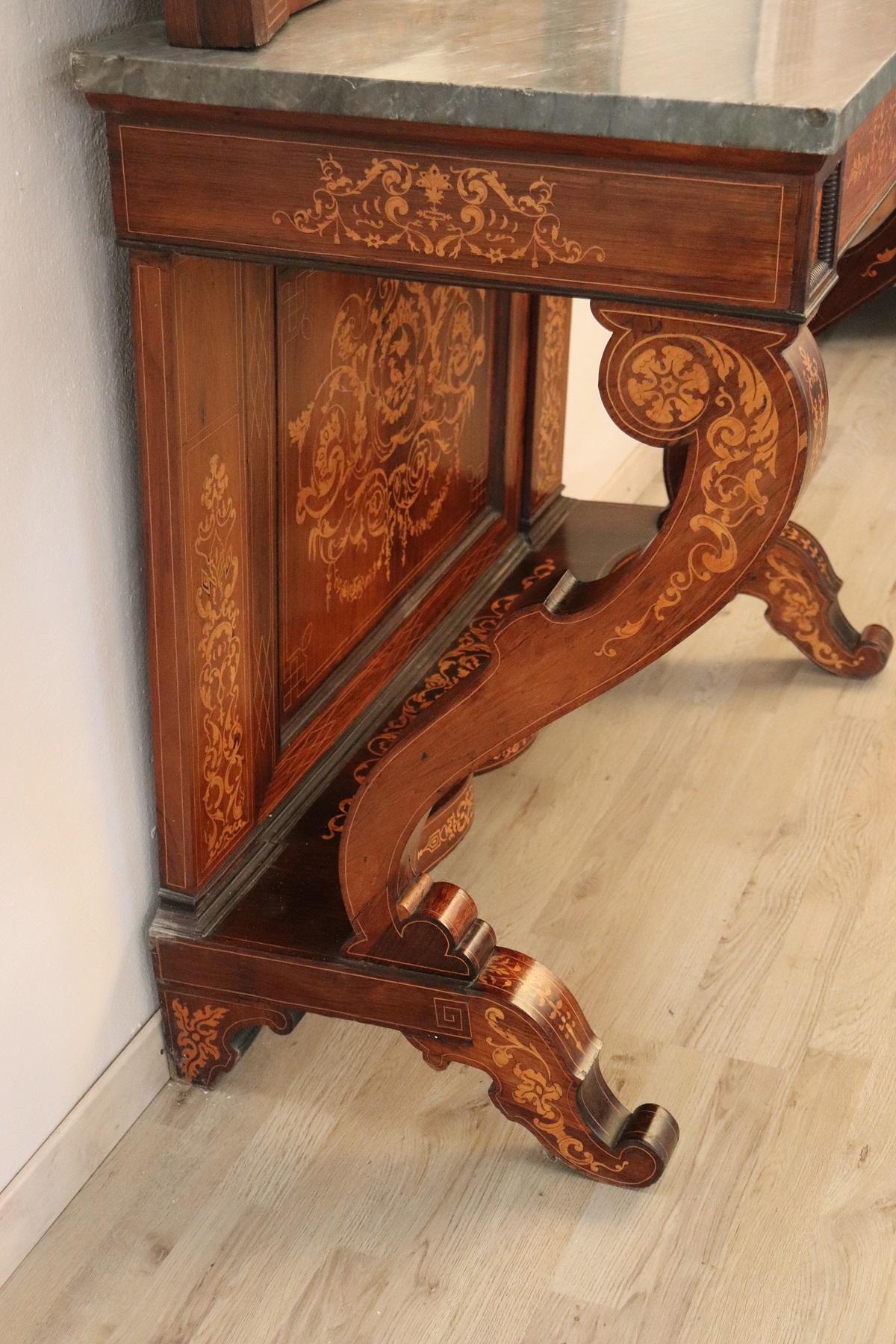 19th Century Italian Rosewood Inlay Marble Top Console Table with Mirror 5
