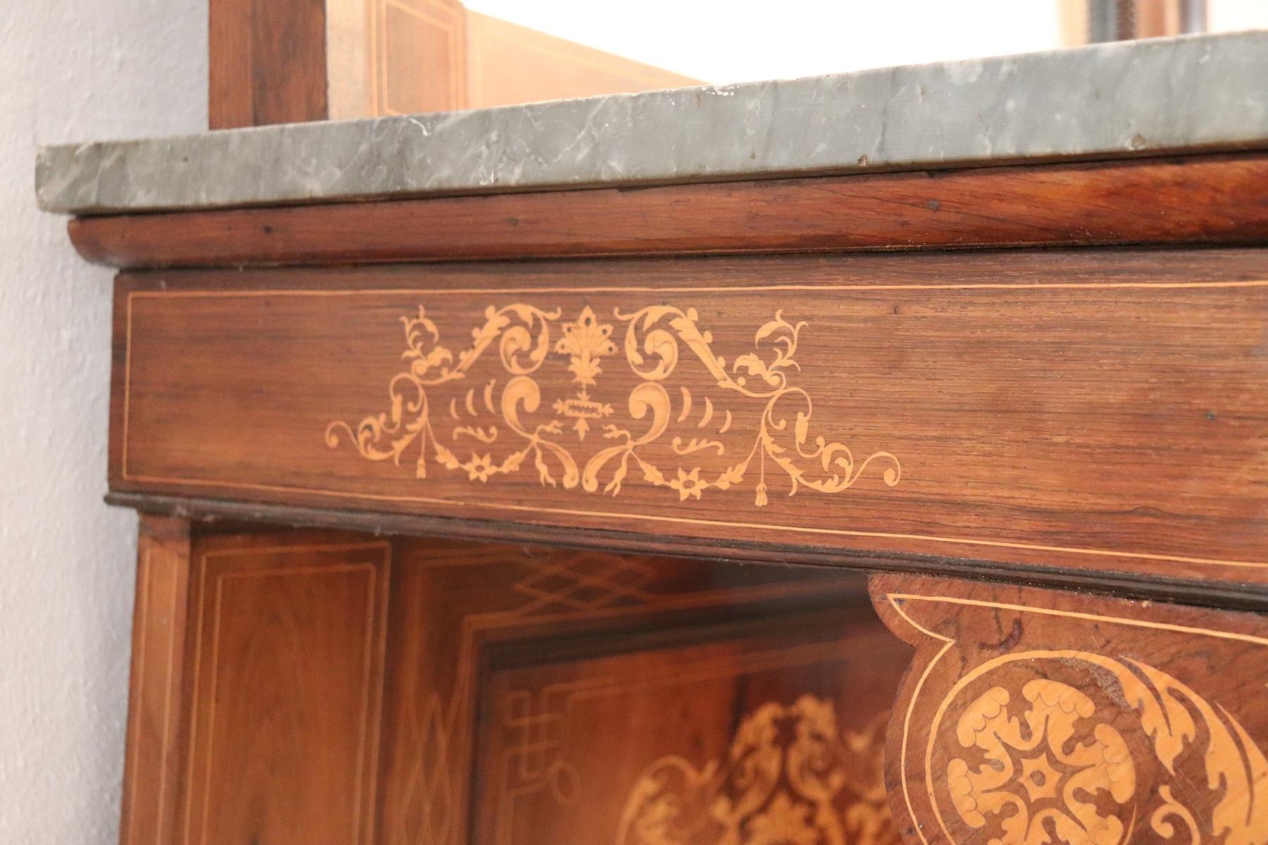 19th Century Italian Rosewood Inlay Marble Top Console Table with Mirror 7