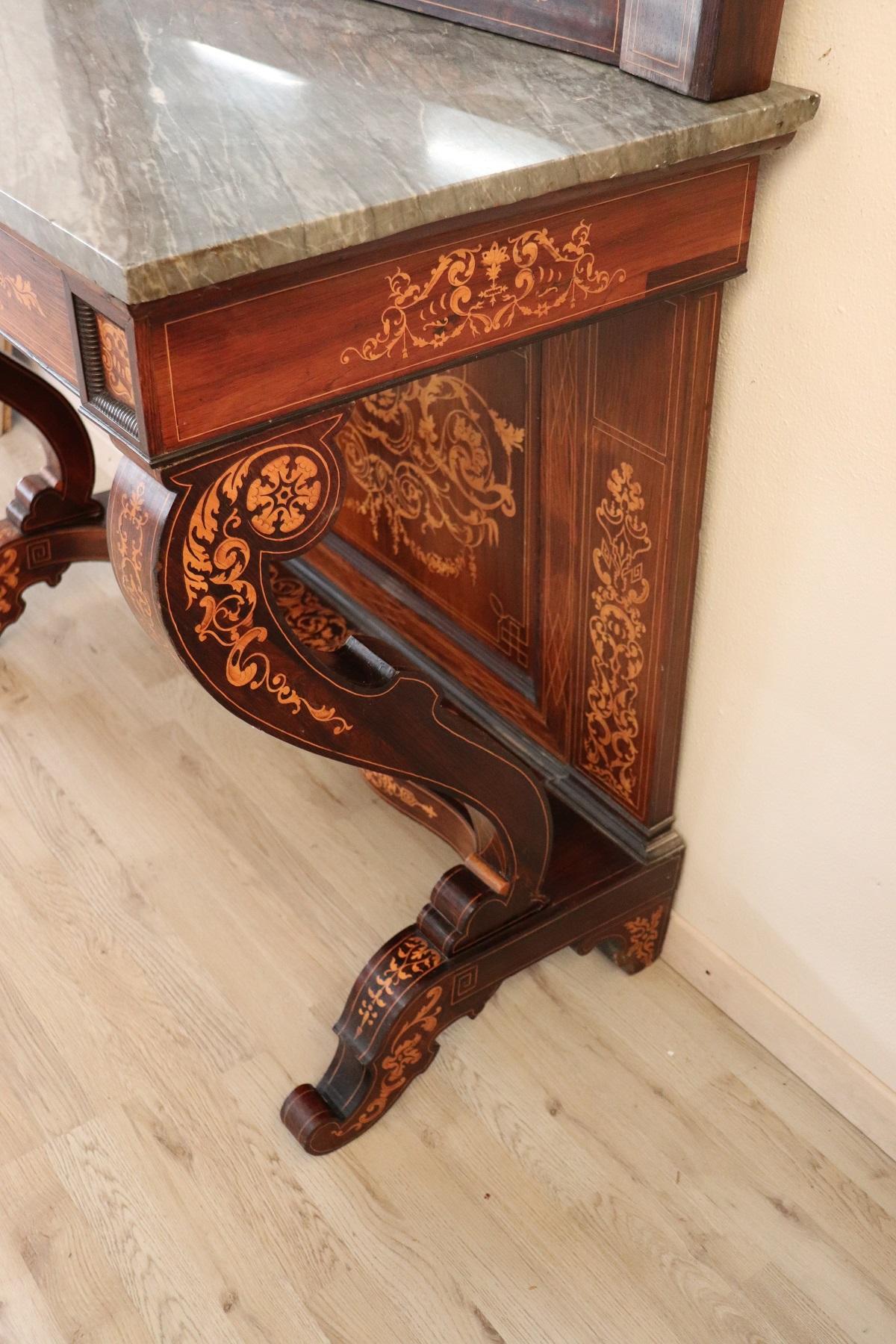 19th Century Italian Rosewood Inlay Marble Top Console Table with Mirror 3