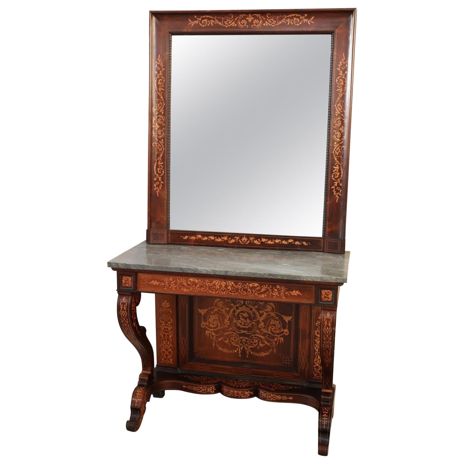 19th Century Italian Rosewood Inlay Marble Top Console Table with Mirror