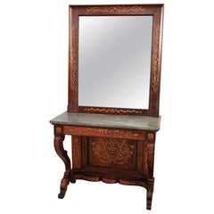 19th Century Italian Rosewood Inlay Marble Top Console Table with Mirror