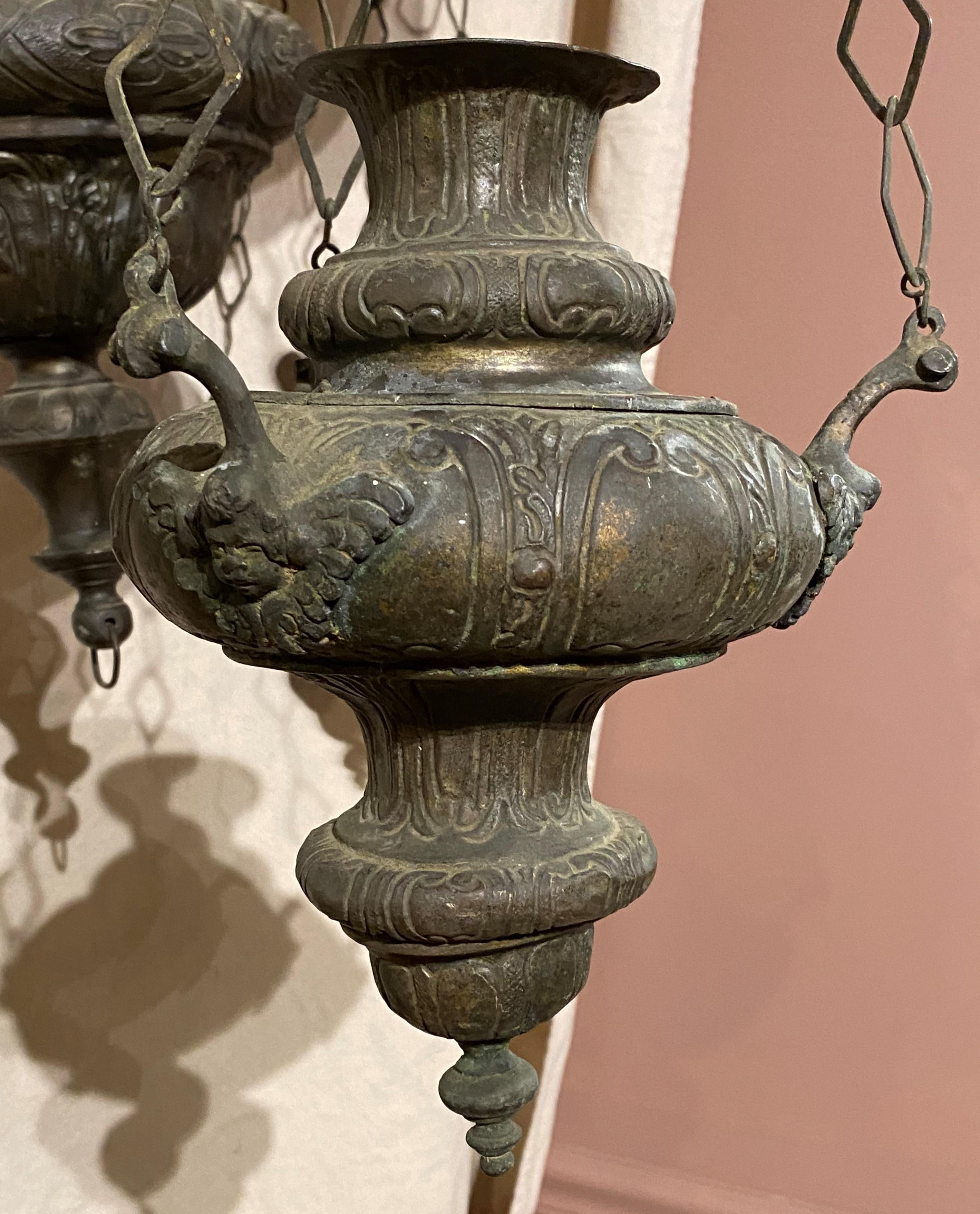 Cast 19th Century Italian Sanctuary Lamp Ensuite with 3 Smaller Lamps For Sale