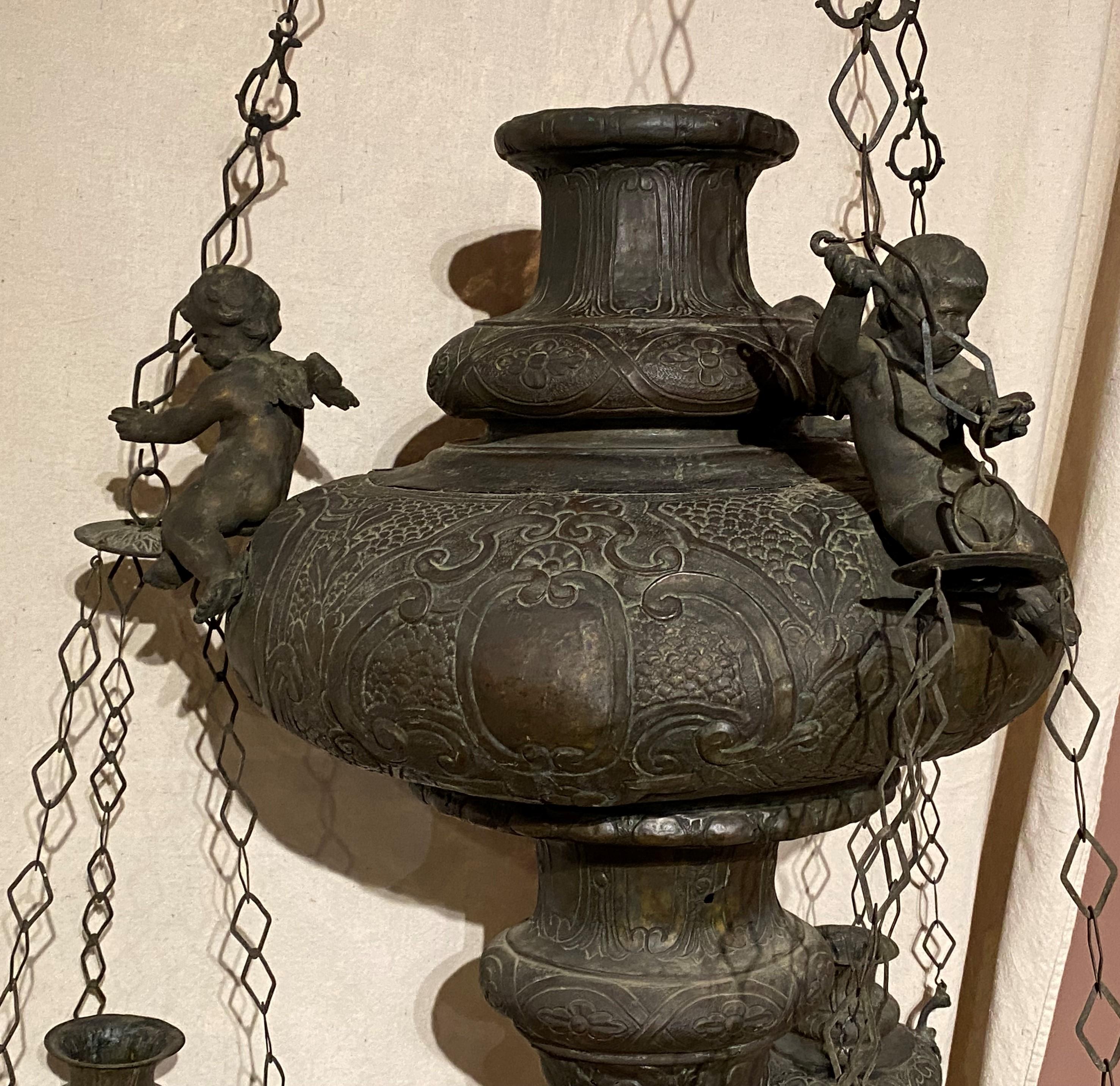 Metal 19th Century Italian Sanctuary Lamp Ensuite with 3 Smaller Lamps For Sale