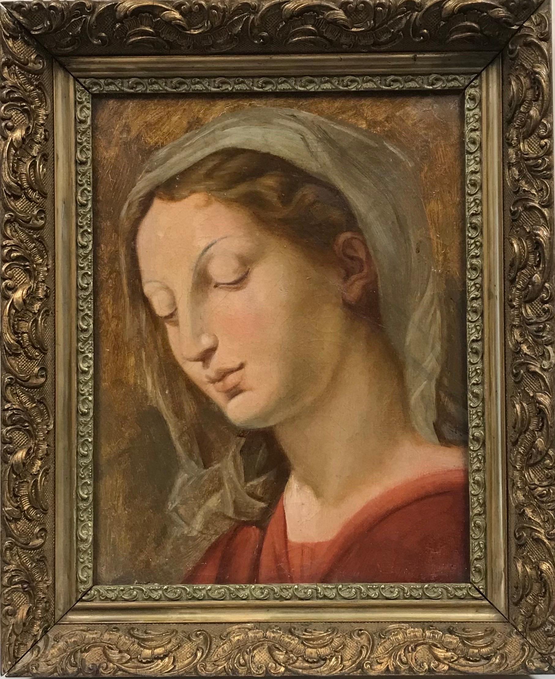 Figurative Painting 19th Century Italian School - Beauty Antique Original Oil Painting The Madonna in Contemplation, gilt frame