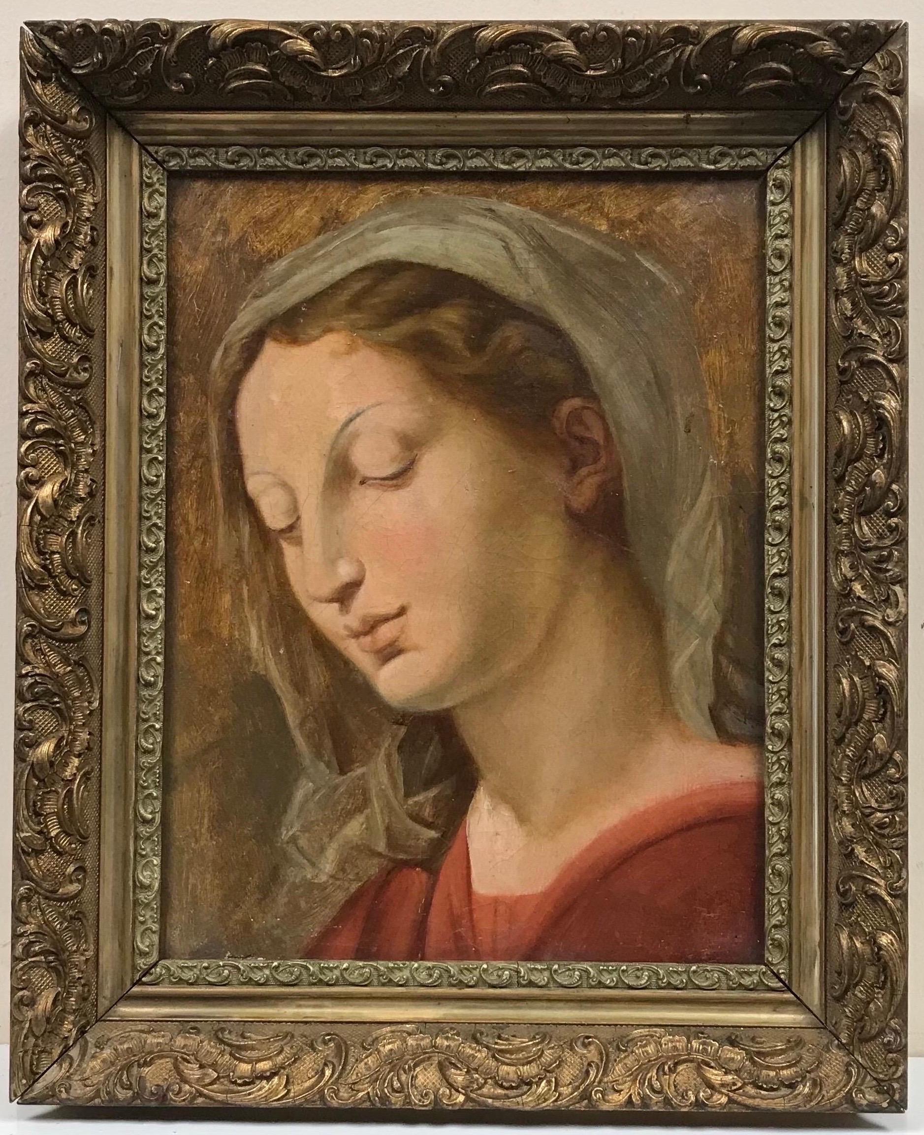 Beauty Antique Original Oil Painting The Madonna in Contemplation, gilt frame en vente 1