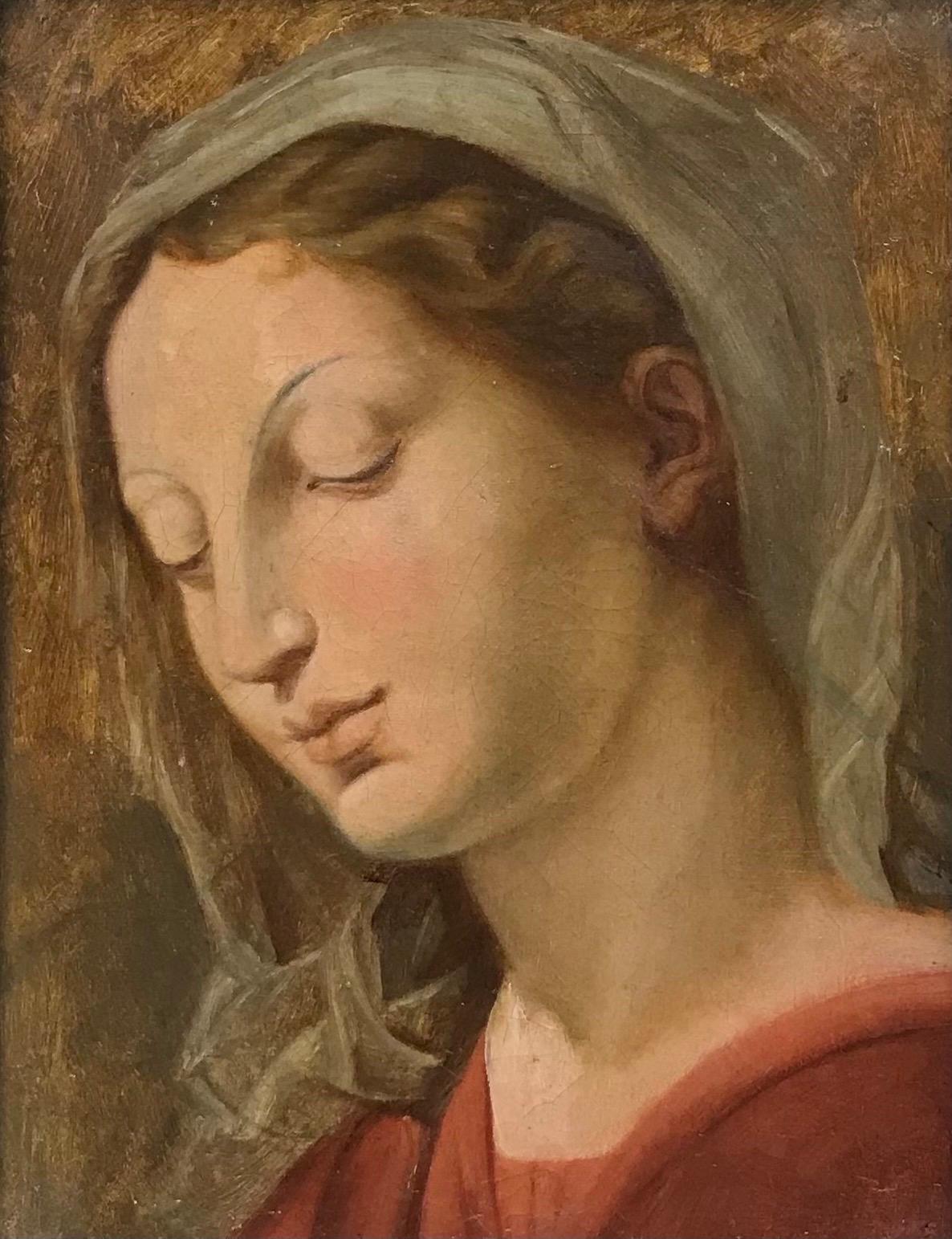Schönes antikes Original-Ölgemälde The Madonna in Contemplation, Goldrahmen – Painting von 19th Century Italian School