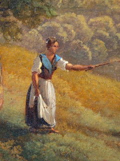Charming Italian Tuscan villa landscape with cow and pheasant. 19th century