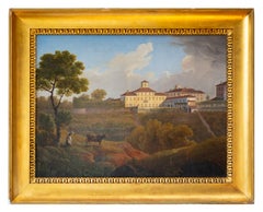Charming Italian Tuscan villa landscape with cow and pheasant. 19th century
