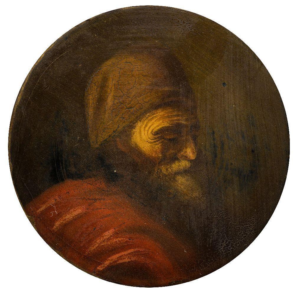 Portrait  l'huile italien du Tondo des annes 1800, tte et paules, d'un homme avec barbe et chapeau - Painting de 19th Century Italian School