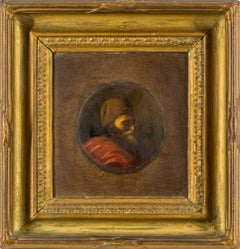 Fine 1800's Italian Tondo Oil Head & Shoulders Portrait of Man with Beard & Hat